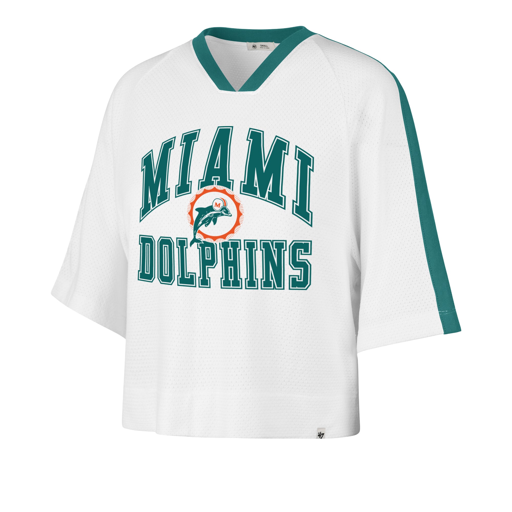 Women's '47 White Miami Dolphins Big Overarch Drop Needle Raglan V-Neck T-Shirt
