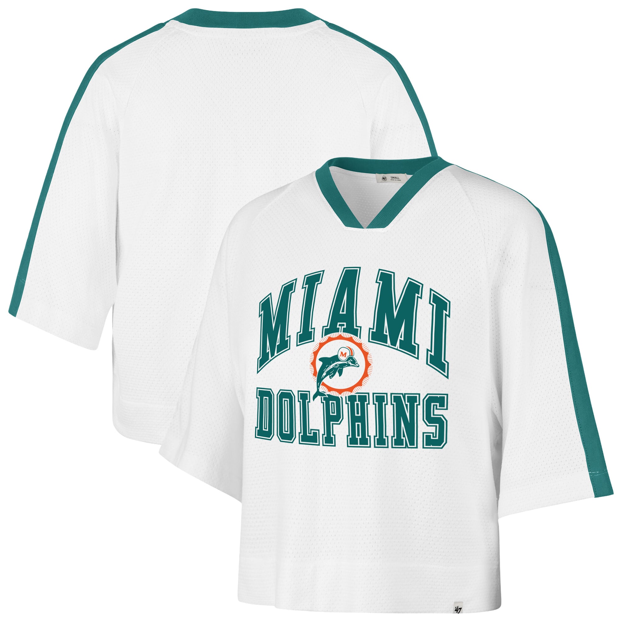 Women's '47 White Miami Dolphins Big Overarch Drop Needle Raglan V-Neck T-Shirt