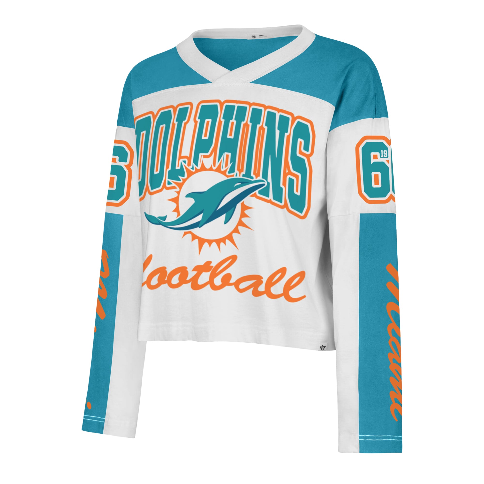 T-shirt à manches longues et col en V blanc Miami Dolphins « 47 » pour femme