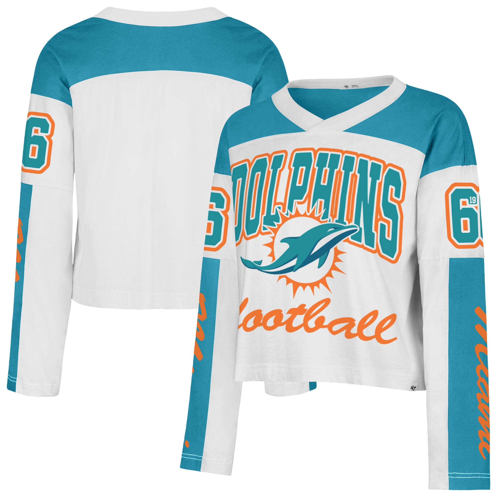 T-shirt à manches longues et col en V blanc Miami Dolphins « 47 » pour femme