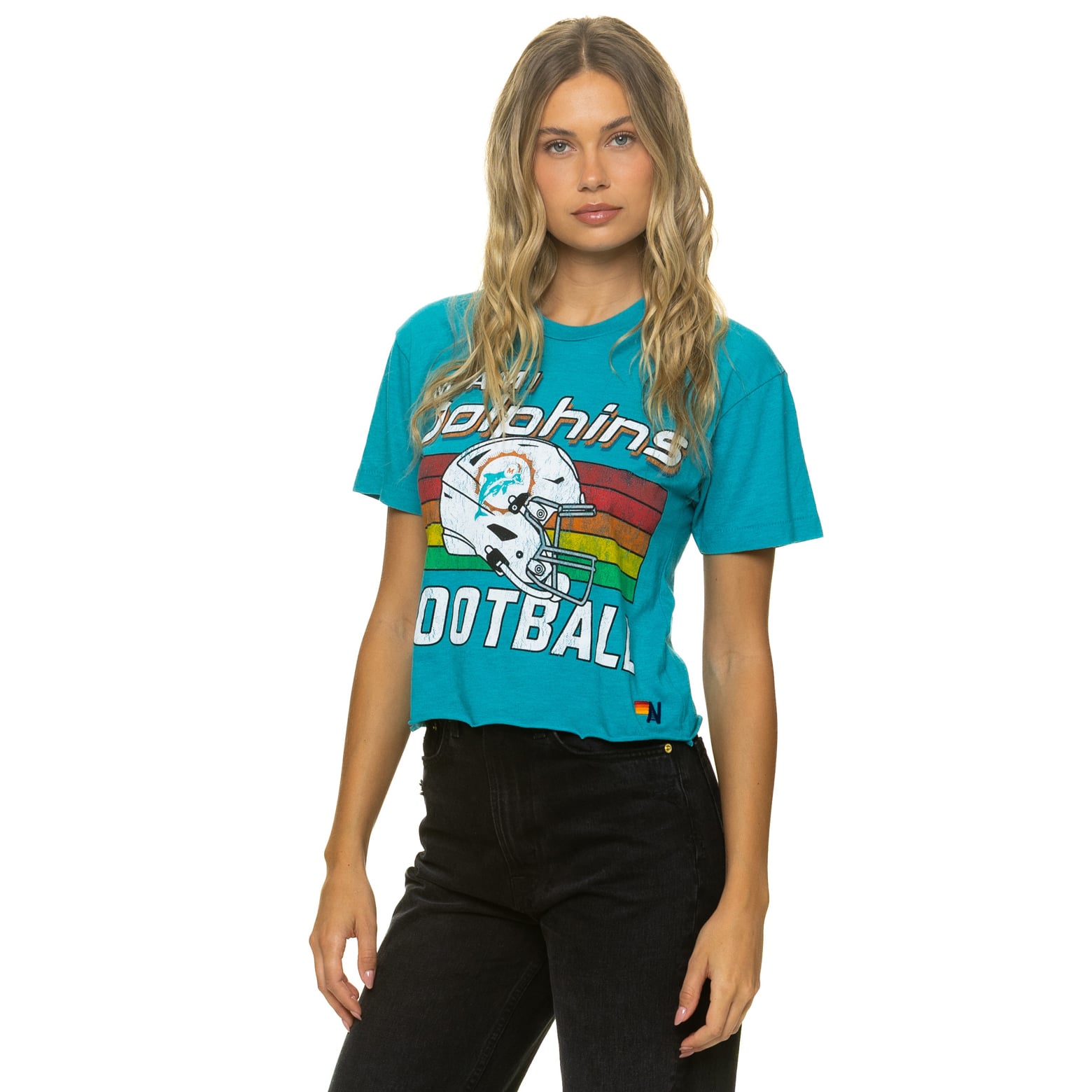 T-shirt Aviator Nation Aqua Miami Dolphins pour femme, coupe carrée, style boyfriend, en mélange de trois matières