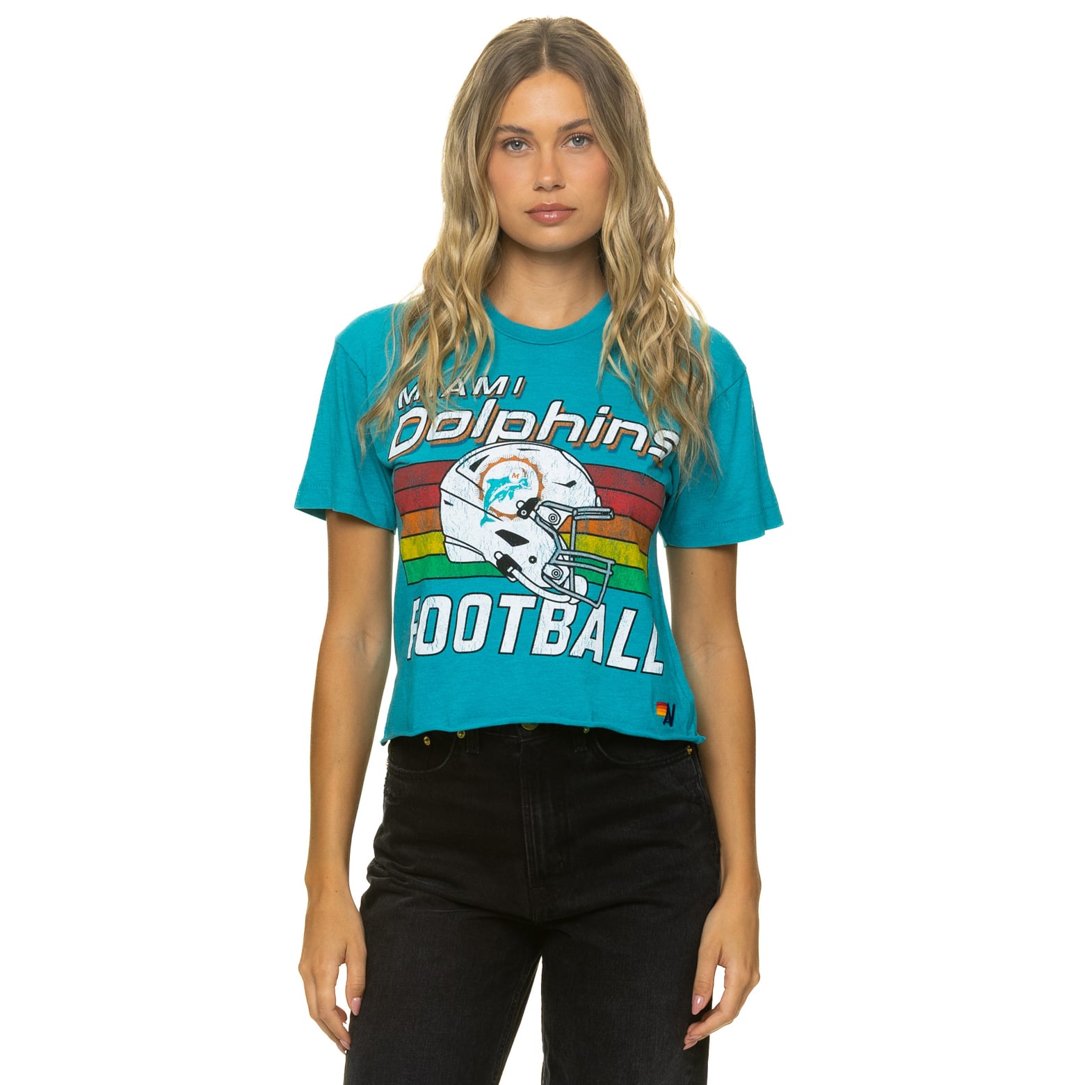 T-shirt Aviator Nation Aqua Miami Dolphins pour femme, coupe carrée, style boyfriend, en mélange de trois matières