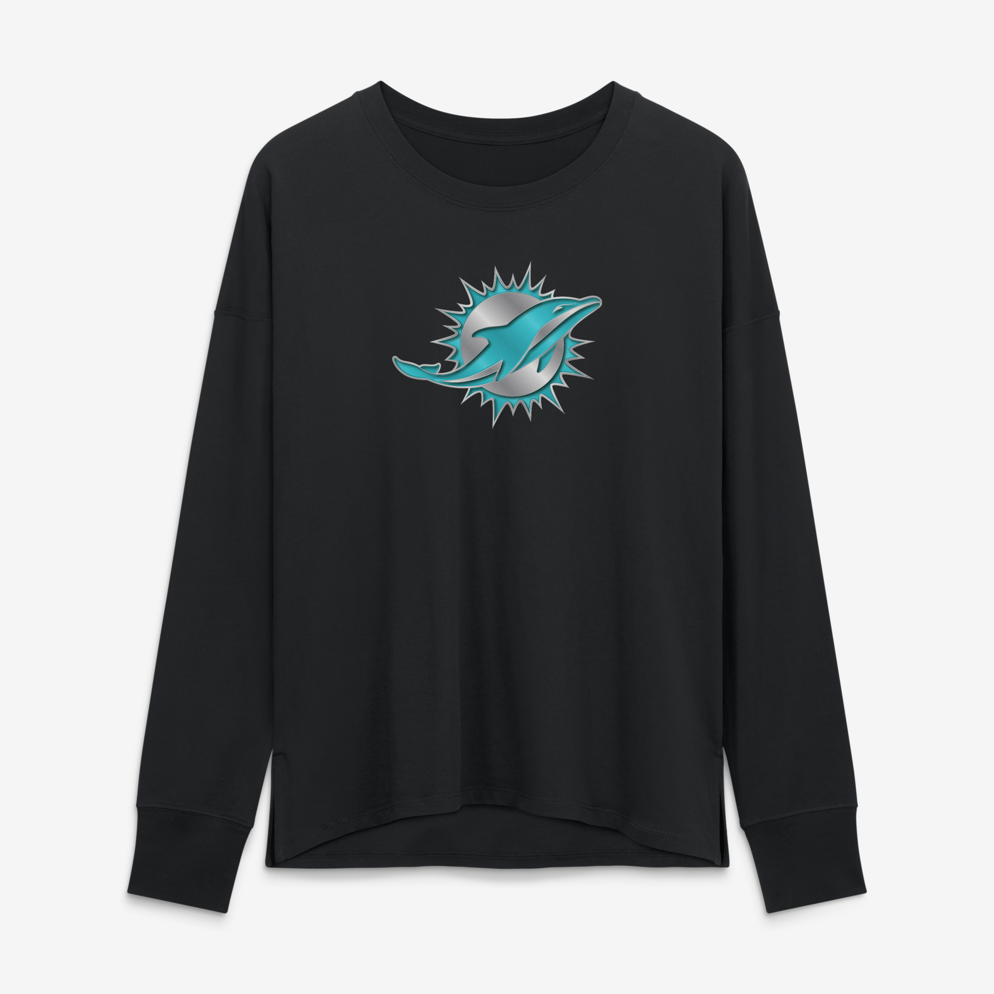 T-shirt à manches longues noir pour femme avec mascotte métallique des Miami Dolphins