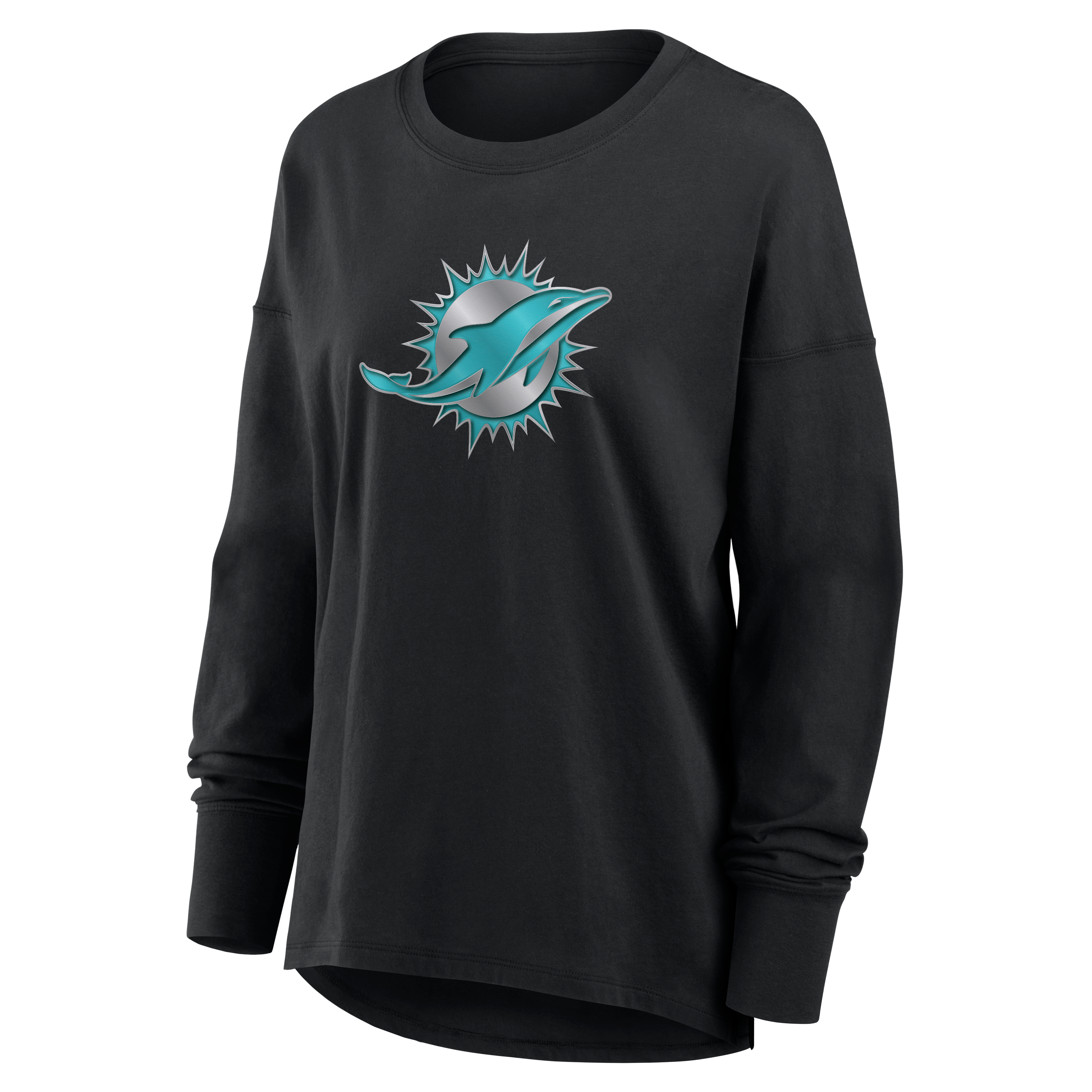 T-shirt à manches longues noir pour femme avec mascotte métallique des Miami Dolphins