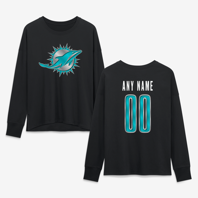 Miami Dolphins Women's Metallic Mascot Personalized Name & Number Long Sleeve T-Shirt - Black