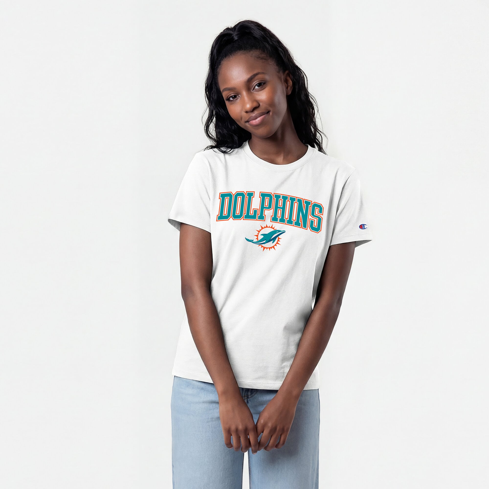 Women's Champion White Miami Dolphins Arched Over Logo T-Shirt