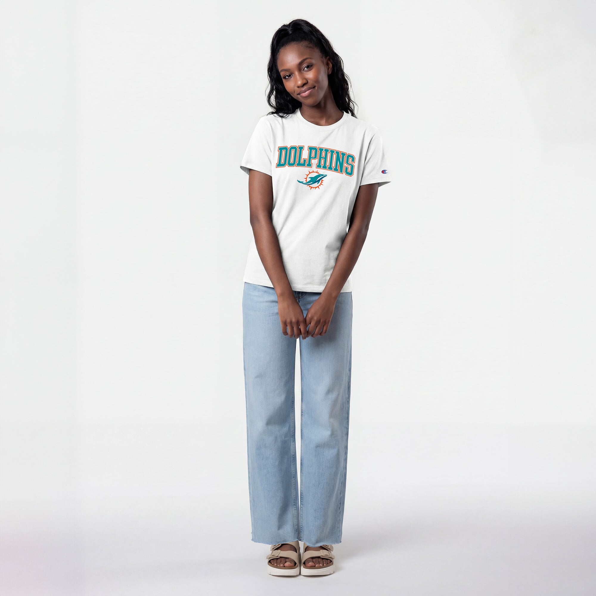 Women's Champion White Miami Dolphins Arched Over Logo T-Shirt