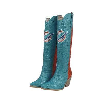  Miami Dolphins Cuce Women's Two-Tone Crystal Cowboy Boot - Aqua/Orange