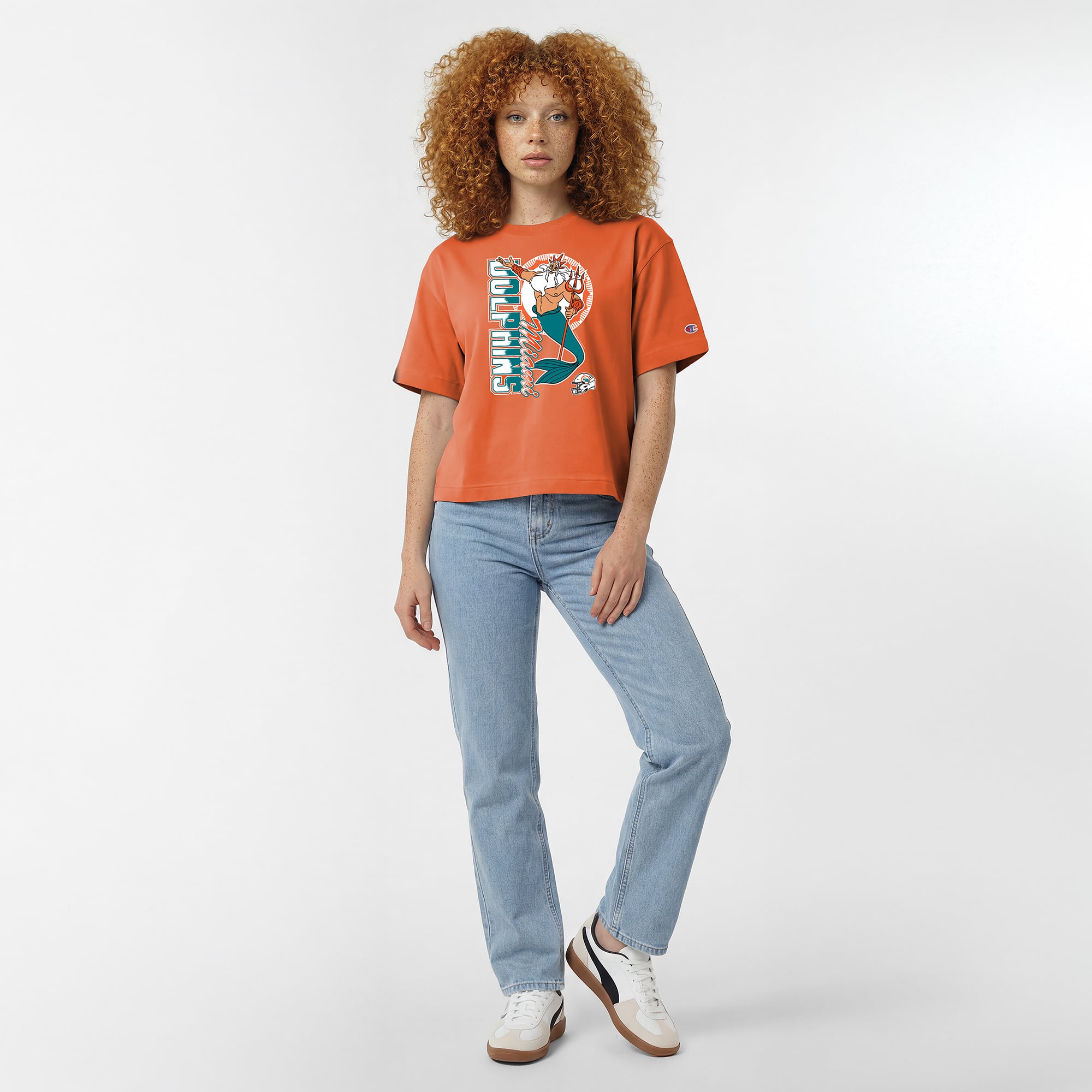 Women's Disney x Champion Orange Miami Dolphins King Triton All-Star T-Shirt