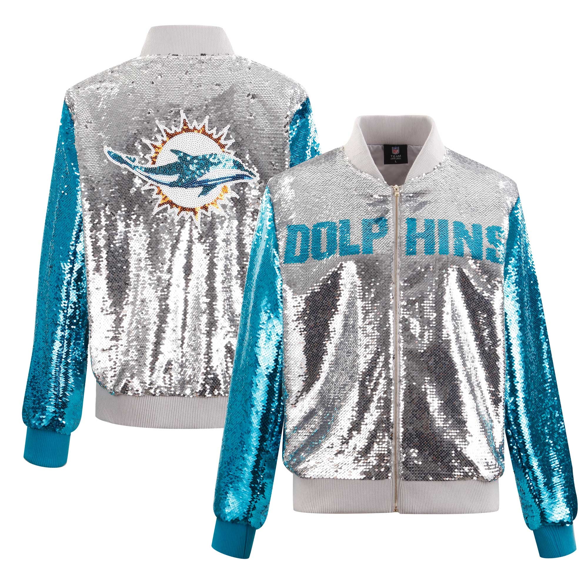 Women's FABGATING by Cuce Silver Miami Dolphins Two-Tone Team Colored Full-Zip Sequin Jacket