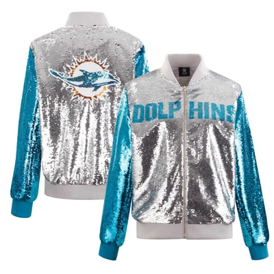 Miami Dolphins FABGATING by Cuce Women's Two-Tone Team Colored Full-Zip Sequin Jacket - Silver