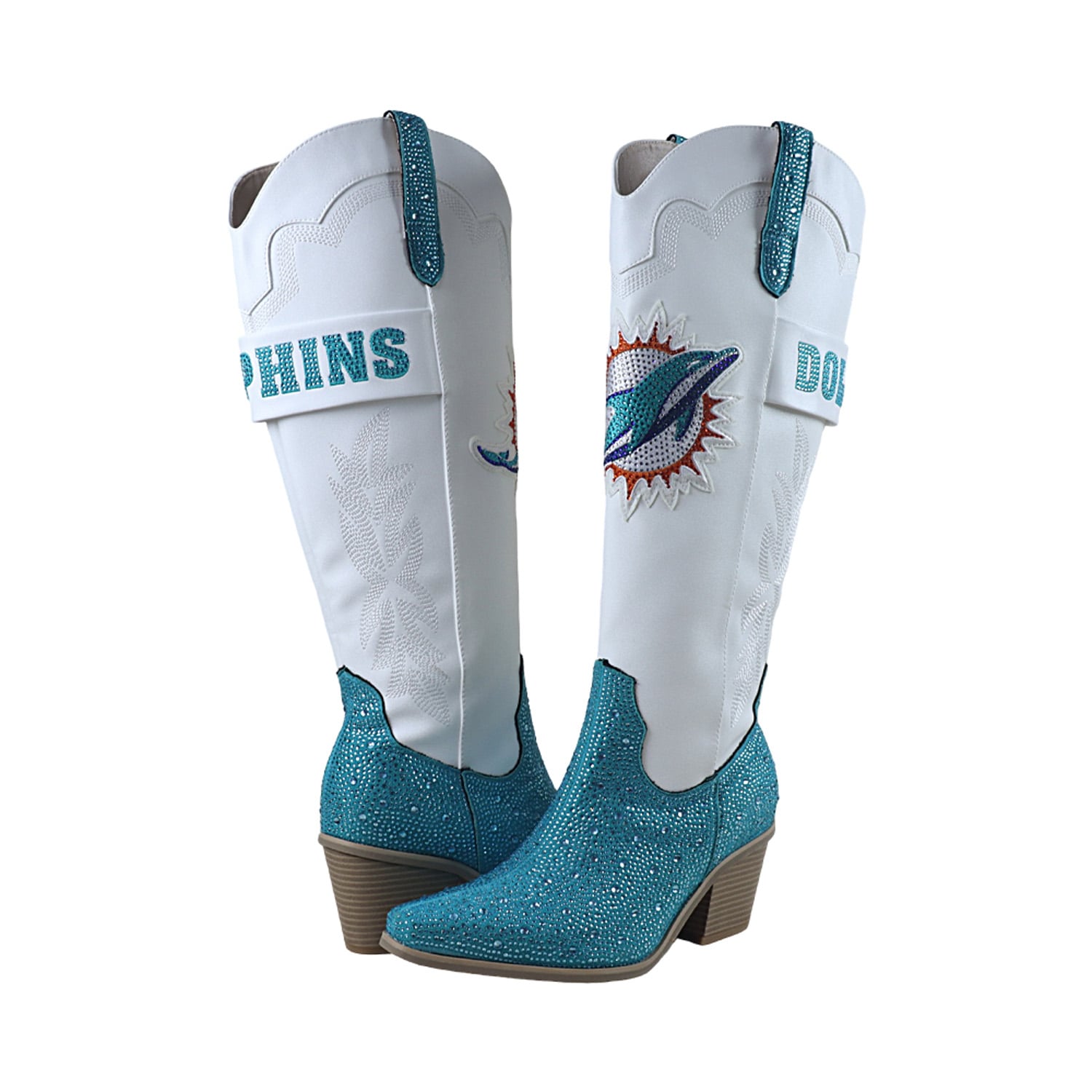 Bottes de cowboy blanches à cristaux FABGATING by Cuce pour femmes, ornées dauphins Miami.