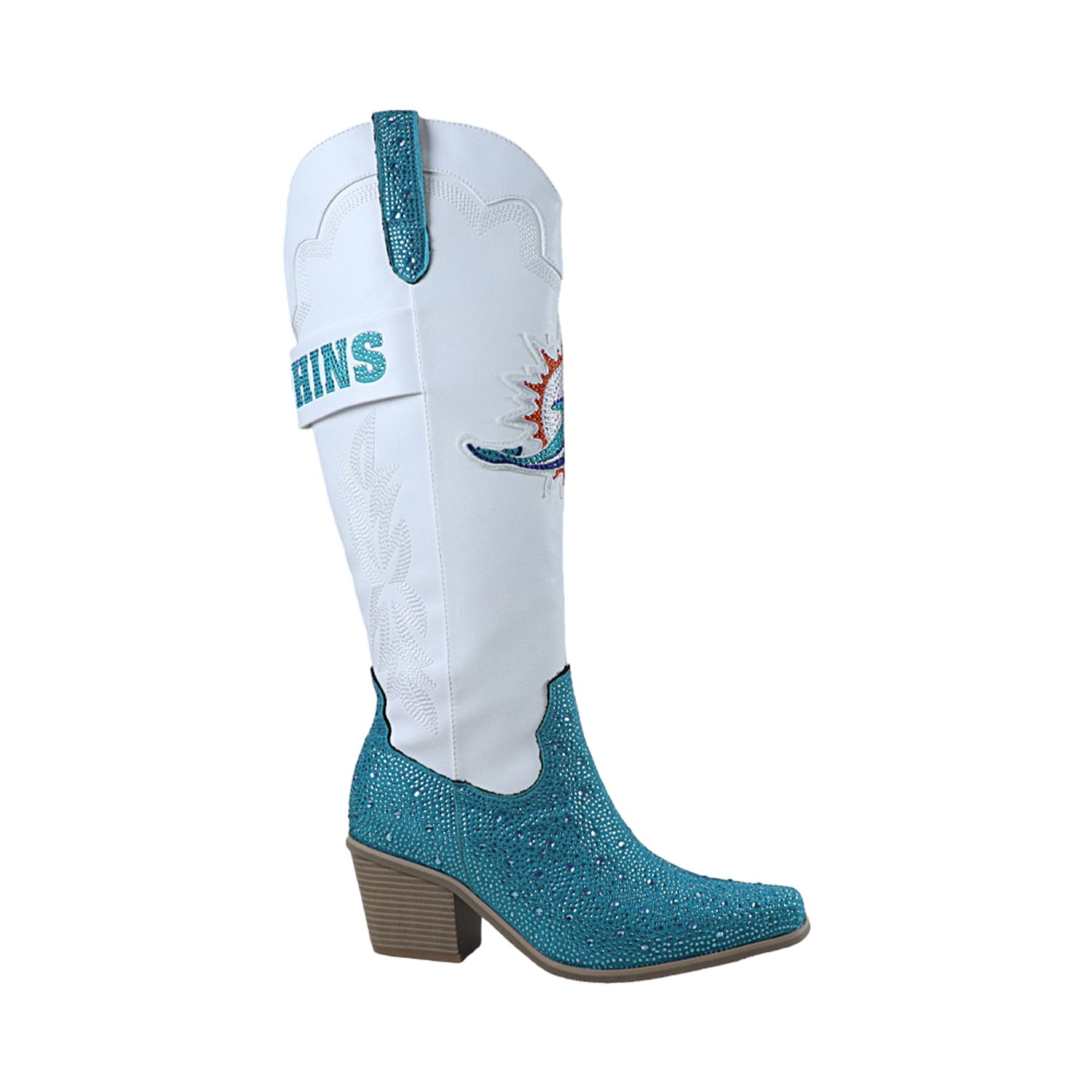 Bottes de cowboy blanches à cristaux FABGATING by Cuce pour femmes, ornées dauphins Miami.