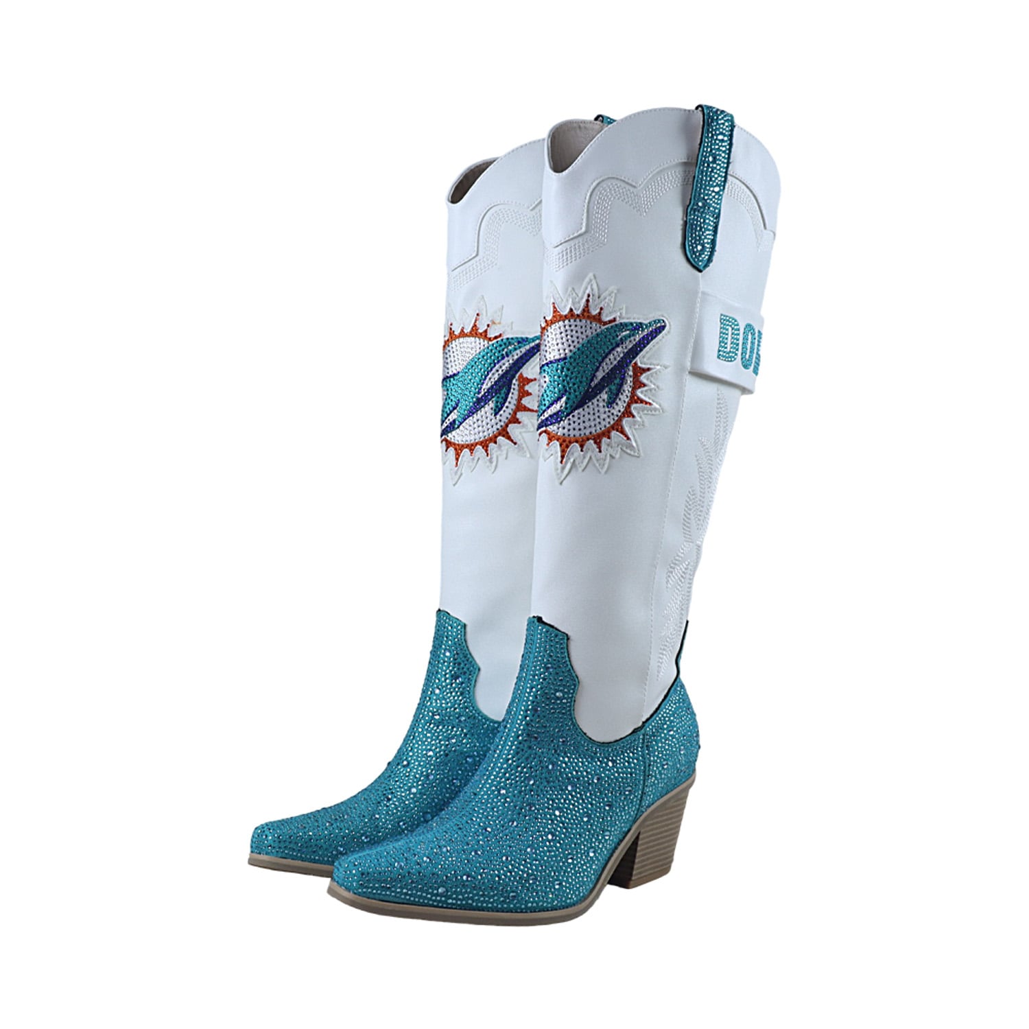 Bottes de cowboy blanches à cristaux FABGATING by Cuce pour femmes, ornées dauphins Miami.
