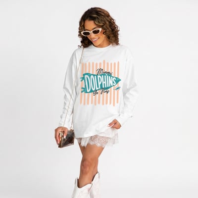 Miami Dolphins Gameday Couture Women's Rally Stripe Oversized Long Sleeve T-Shirt - White