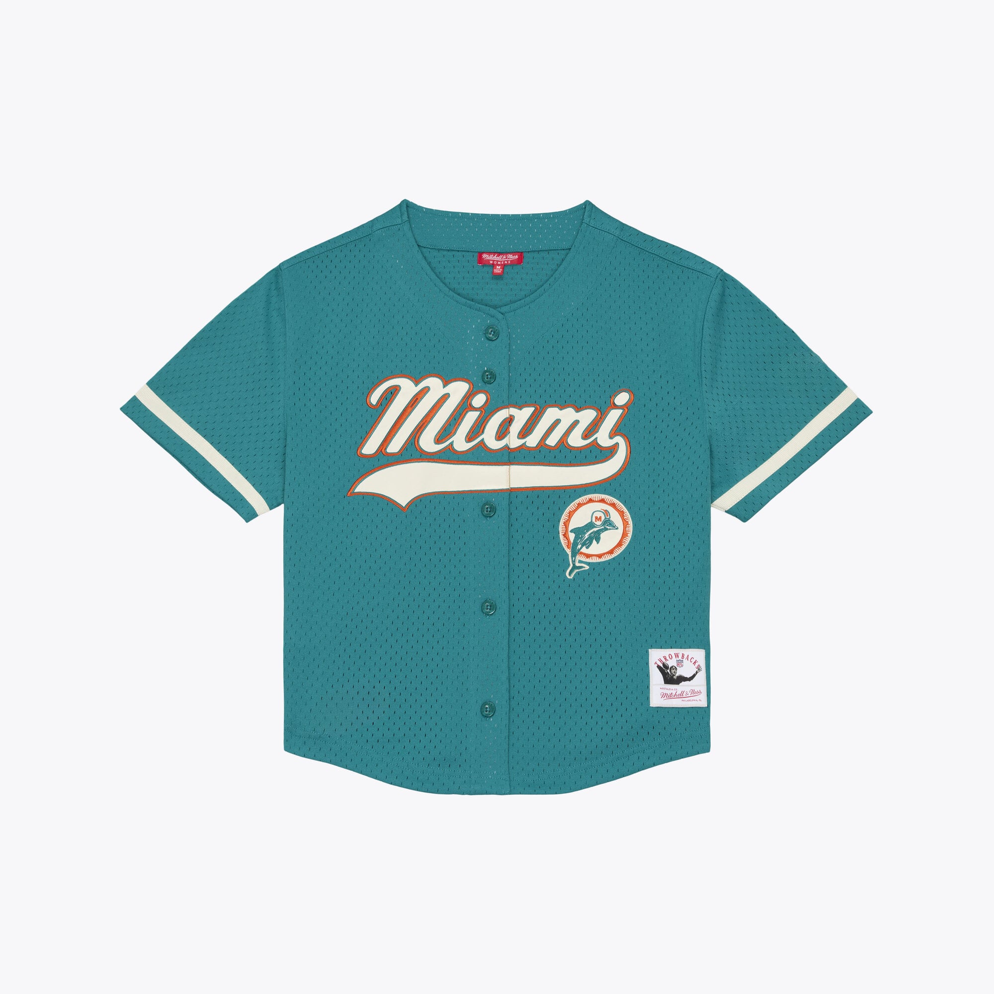 Maillot de baseball rétro Roots des Miami Dolphins, couleur aqua, pour femmes, Mitchell & Ness
