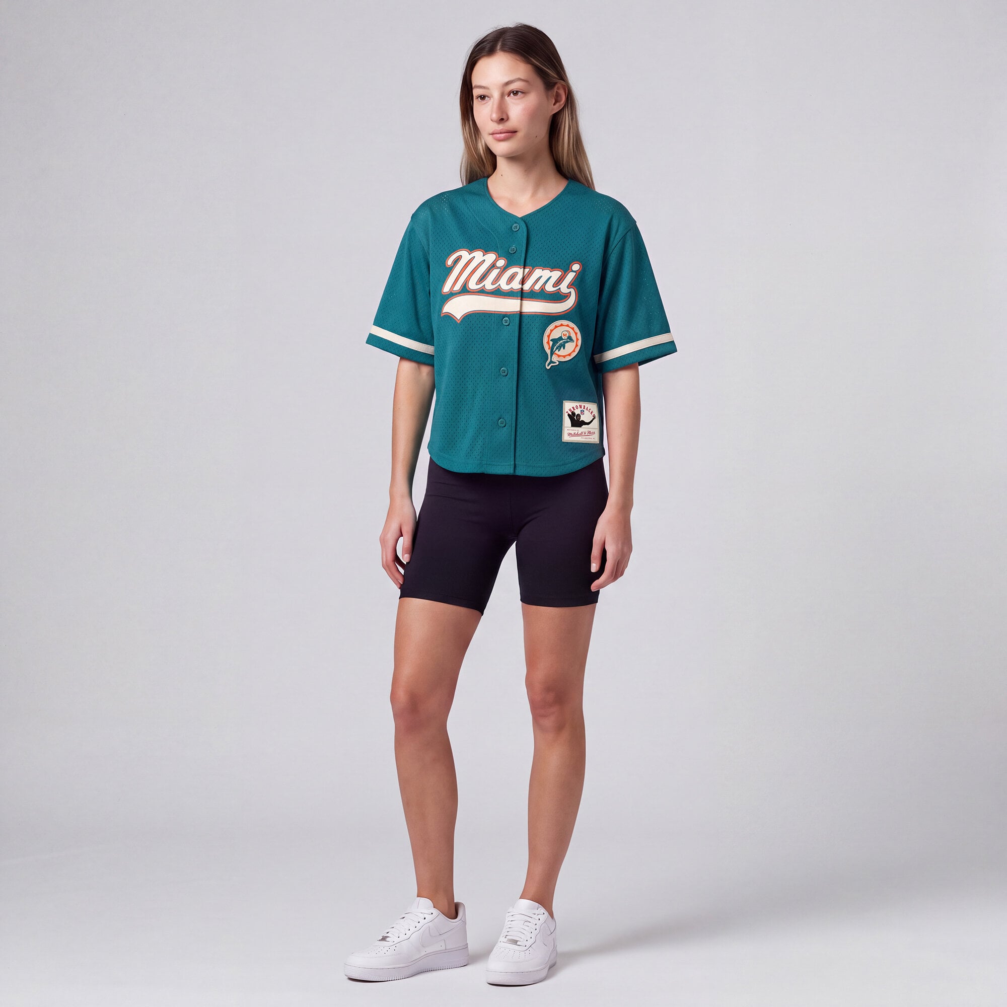 Maillot de baseball rétro Roots des Miami Dolphins, couleur aqua, pour femmes, Mitchell & Ness