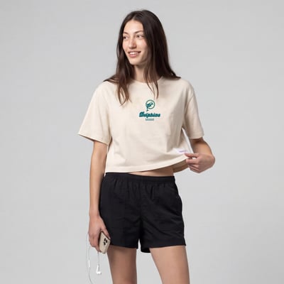 Miami Dolphins Mitchell & Ness Women's Core Essentials Micro Logo Boxy Crop T-Shirt - Cream
