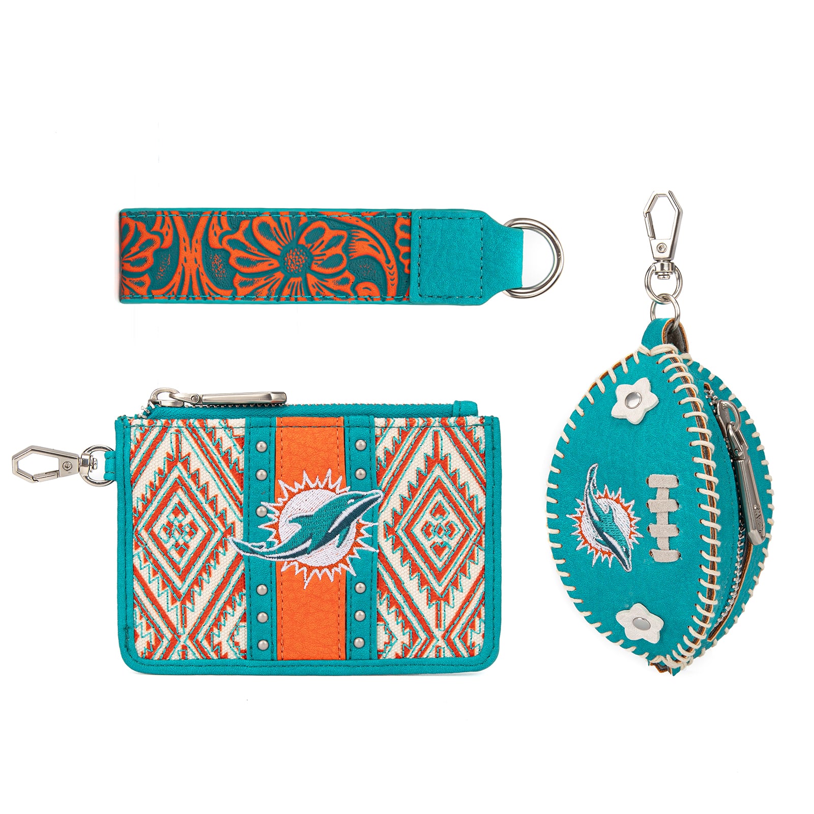 Portefeuille et bracelet porte-clés football Montana West Miami Dolphins pour femme