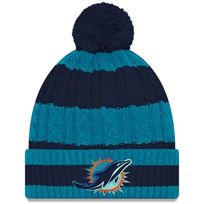  Miami Dolphins New Era Women's Rivalries Collection Braided Cuffed Knit Hat with Pom - Aqua