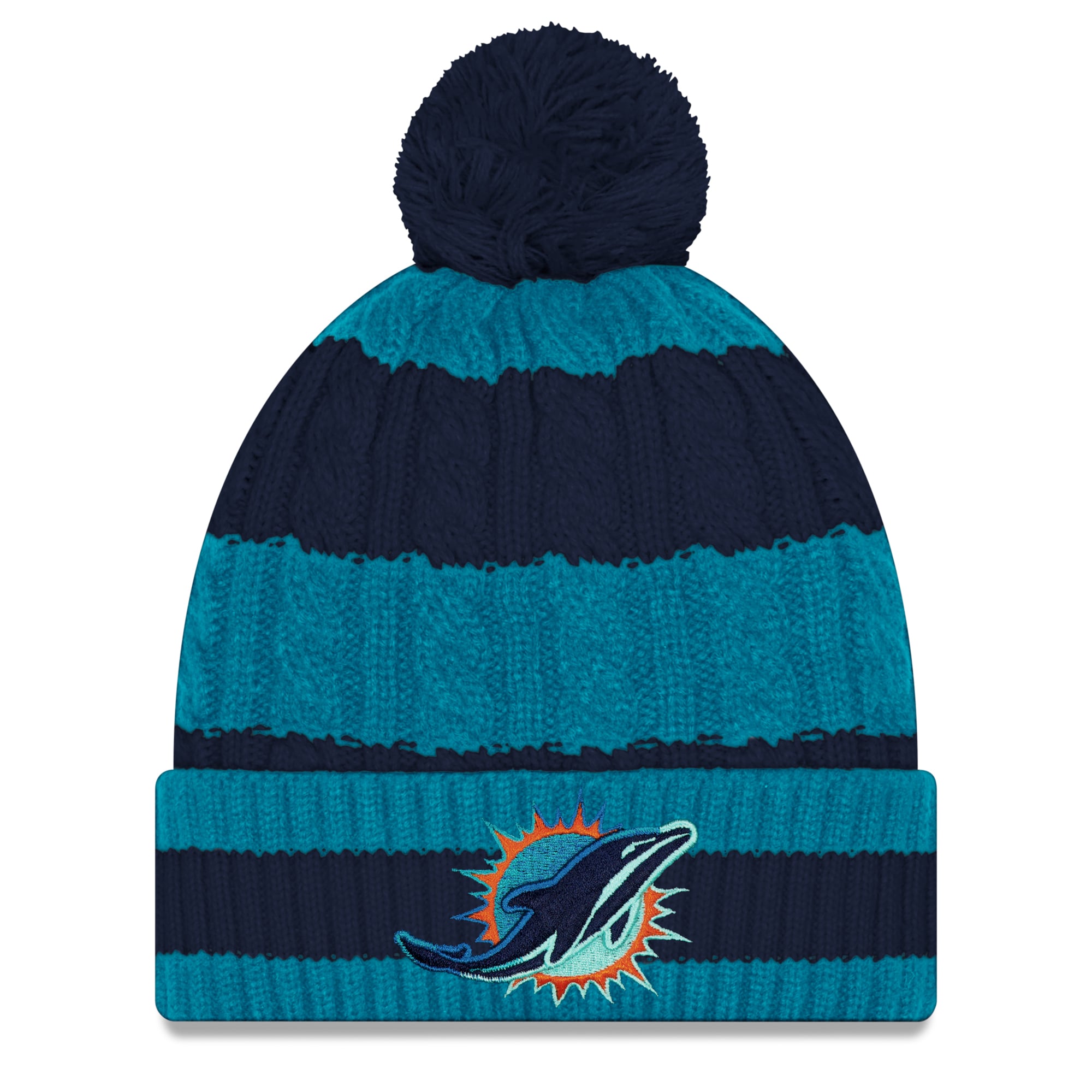 Women's New Era Navy Miami Dolphins Rivalries Collection Fan Pack Braided Cuffed Knit Hat with Pom