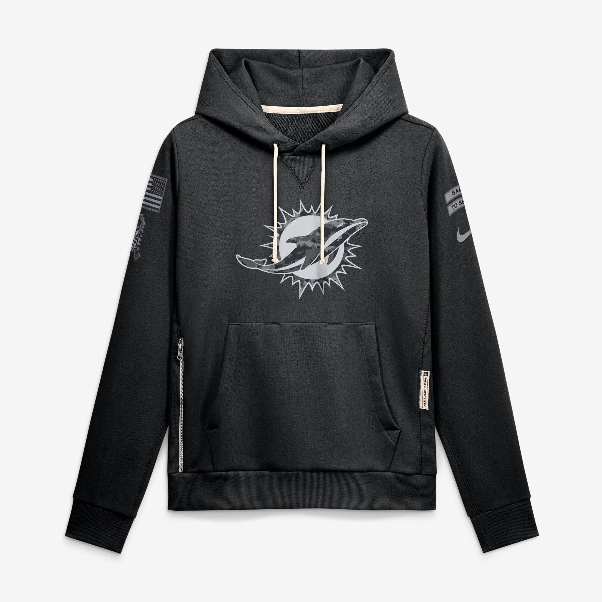 Sweat à capuche Nike Dri-FIT noir pour femme, Miami Dolphins 2026 Salute to Service, collection Sideline.