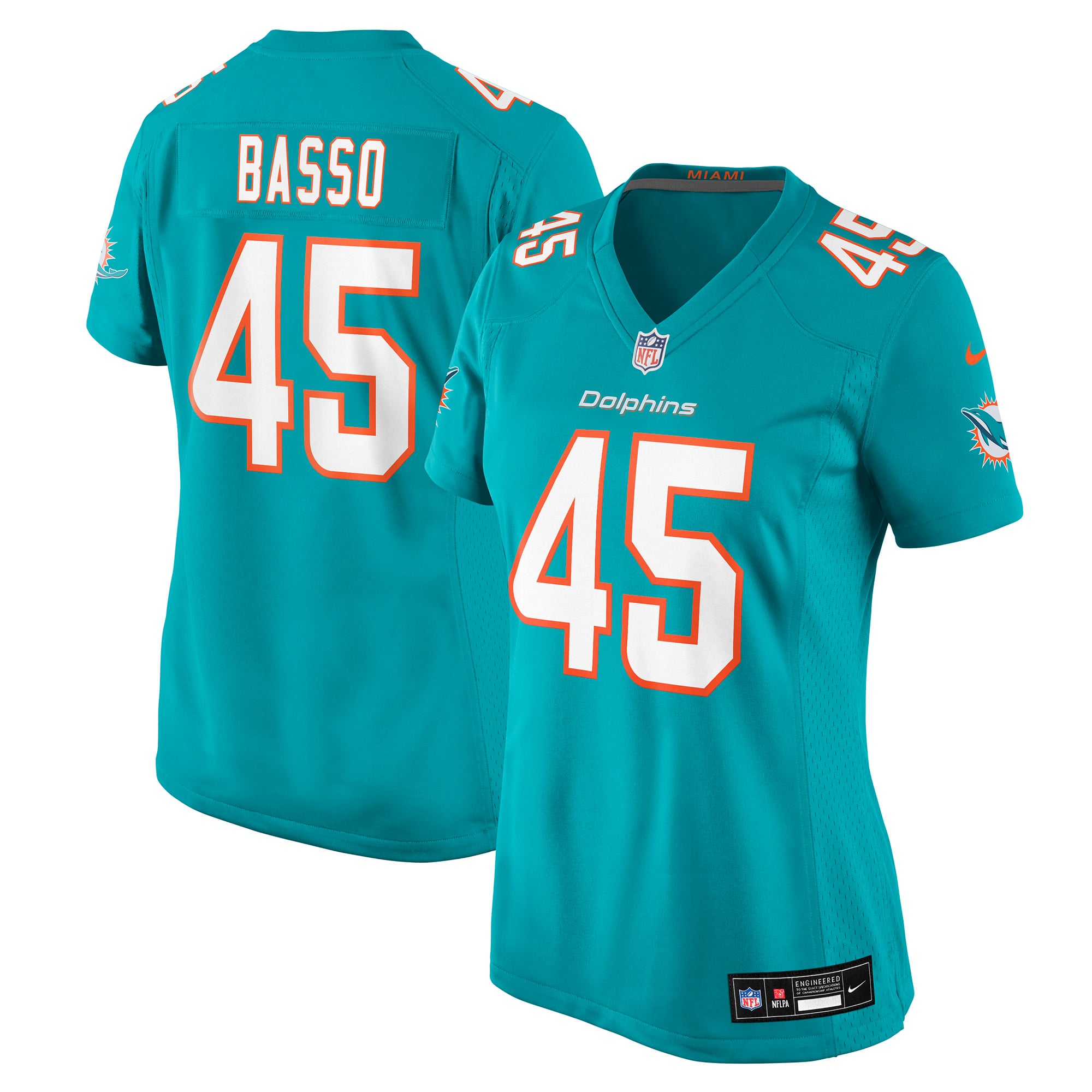 Maillot de match Nike Luke Basso Aqua Miami Dolphins pour femmes