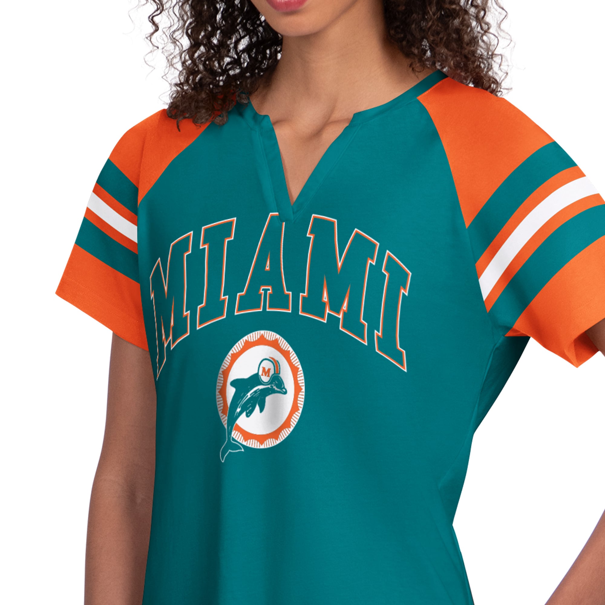 T-shirt raglan à col cranté Starter Aqua Miami Dolphins pour femmes