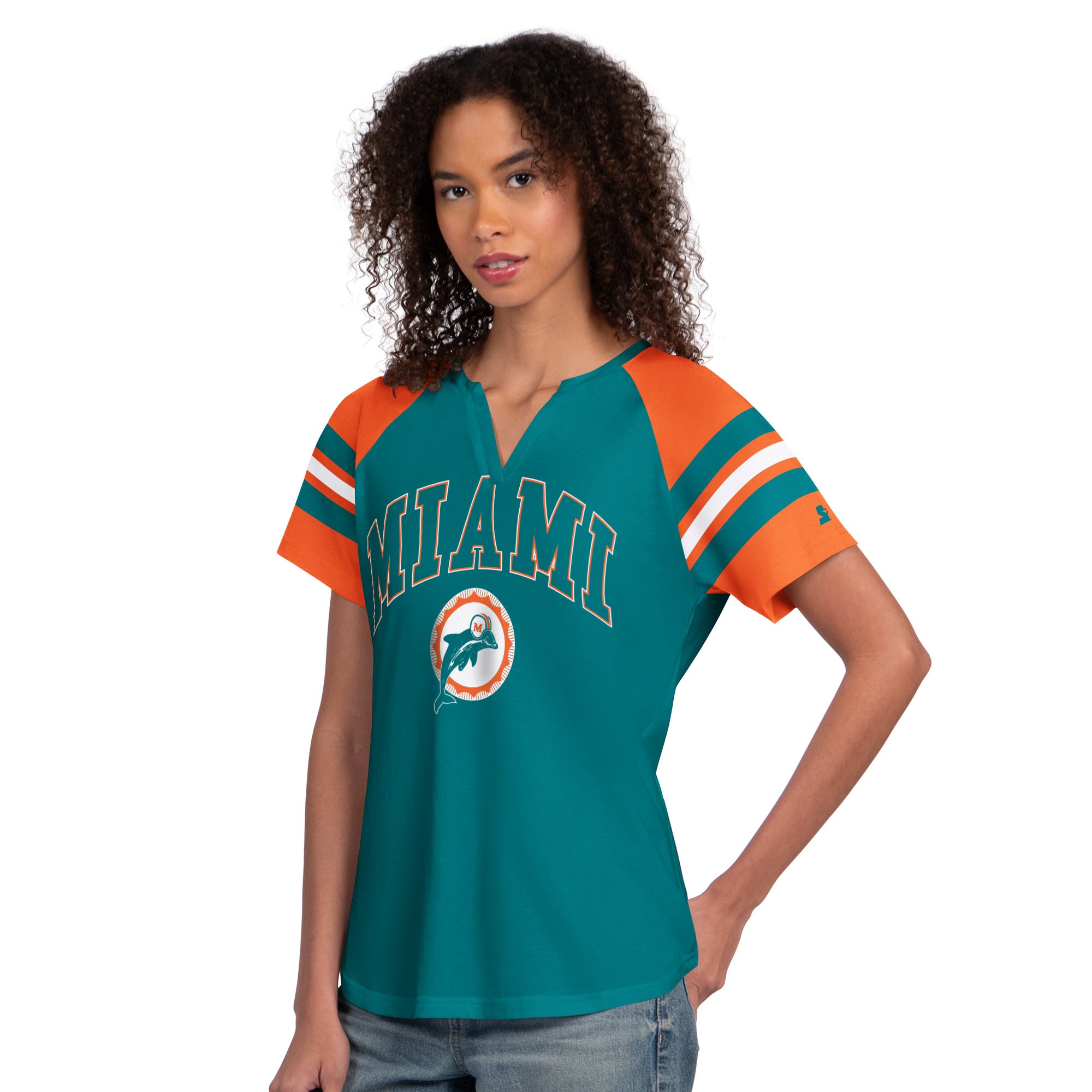 T-shirt raglan à col cranté Starter Aqua Miami Dolphins pour femmes