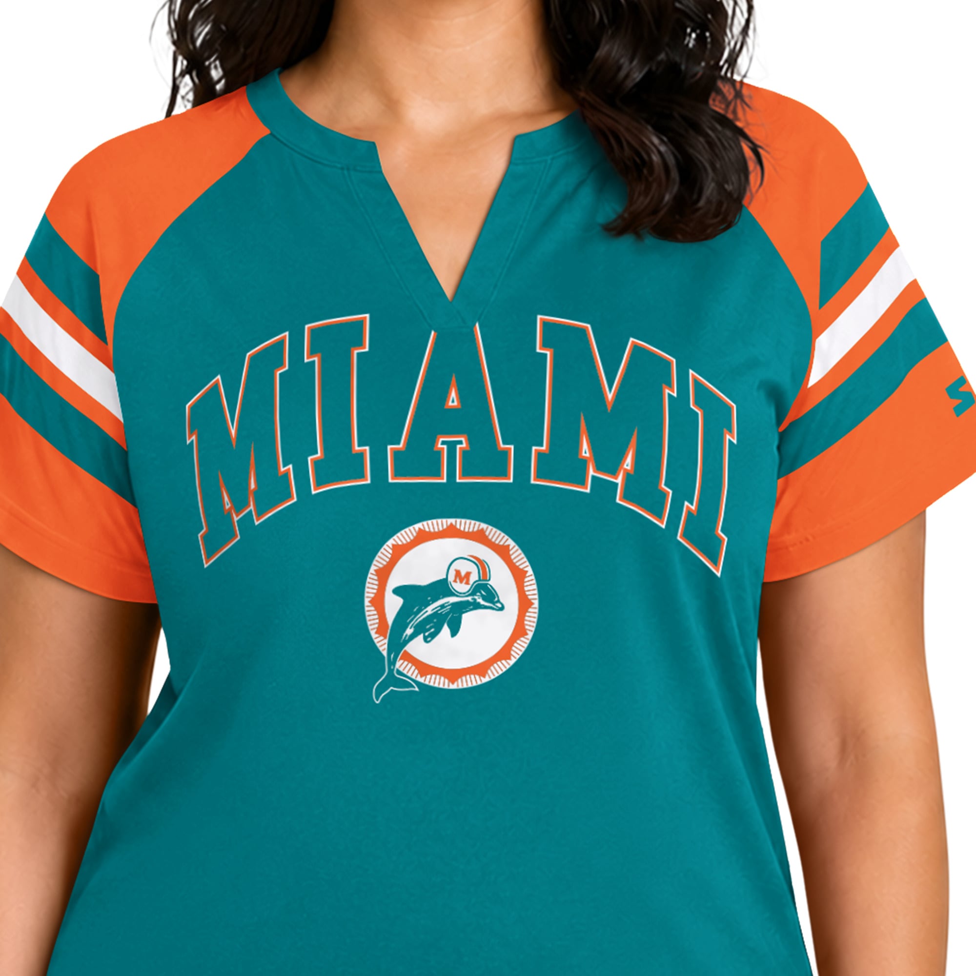T-shirt raglan à col cranté Starter Aqua Miami Dolphins pour femme, grande taille, style rétro.