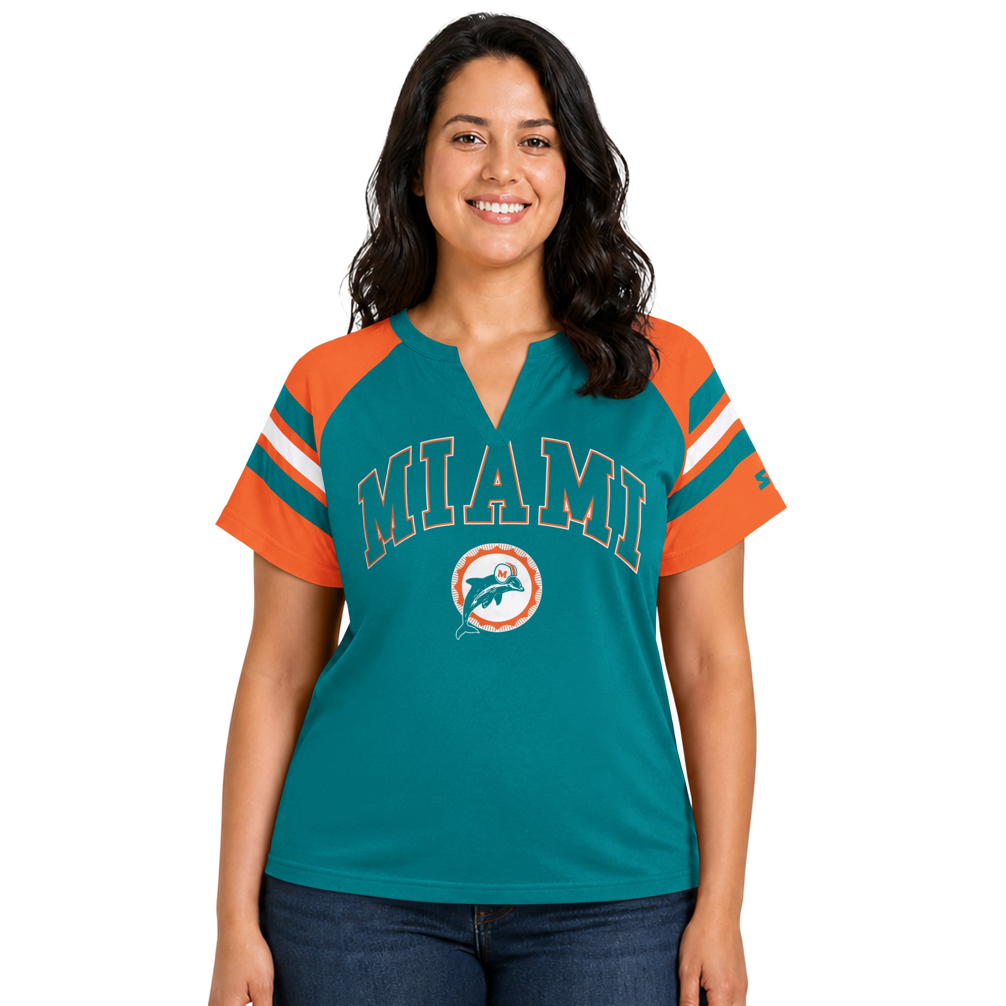 T-shirt raglan à col cranté Starter Aqua Miami Dolphins pour femme, grande taille, style rétro.
