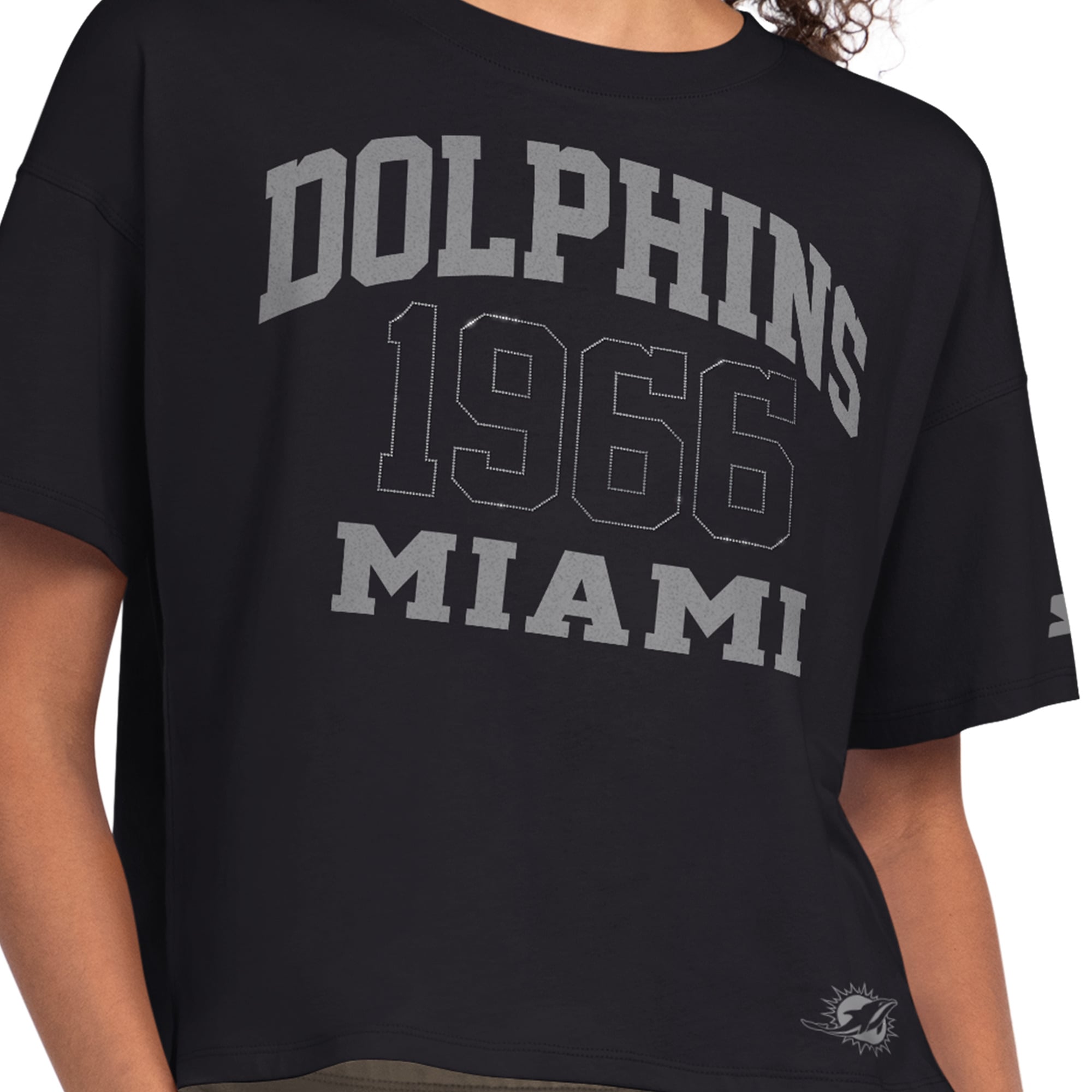 T-shirt court à strass noir Starter pour femme, motif Miami Dolphins
