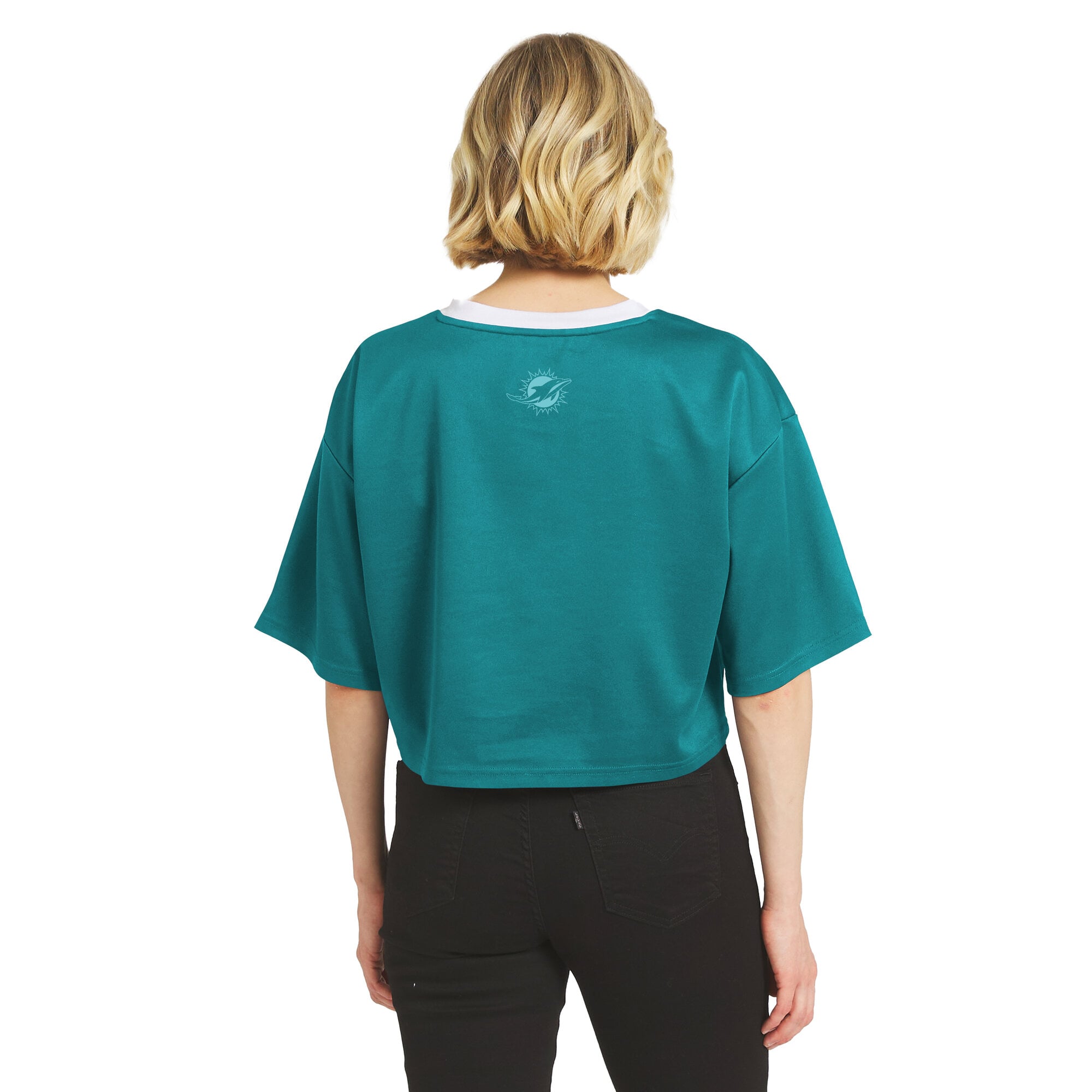 Women's WEAR by Erin Andrews Aqua Miami Dolphins Cropped V-Neck Jersey T-Shirt