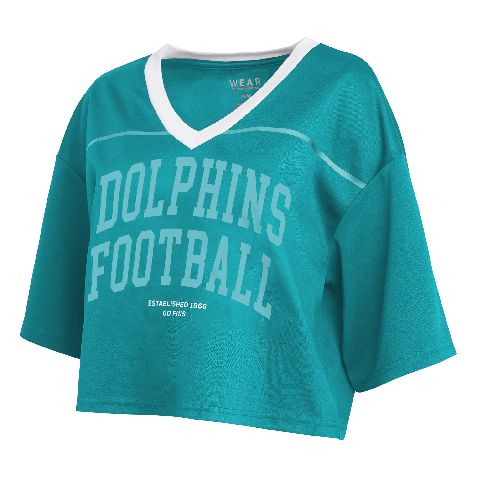Women's WEAR by Erin Andrews Aqua Miami Dolphins Cropped V-Neck Jersey T-Shirt