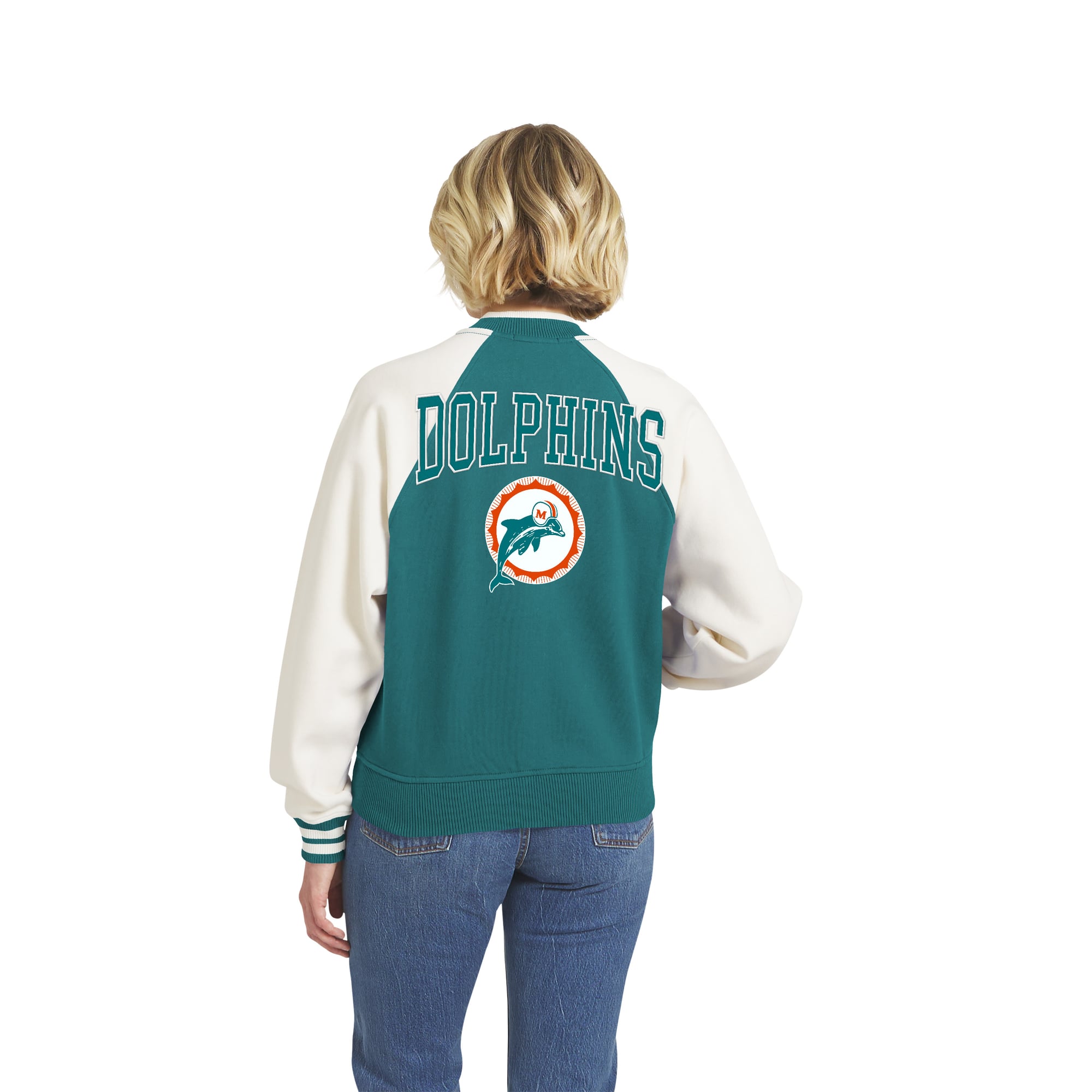 Veste polaire raglan zippée intégrale style universitaire rétro Aqua Miami Dolphins de la marque WEAR by Erin Andrews pour femmes