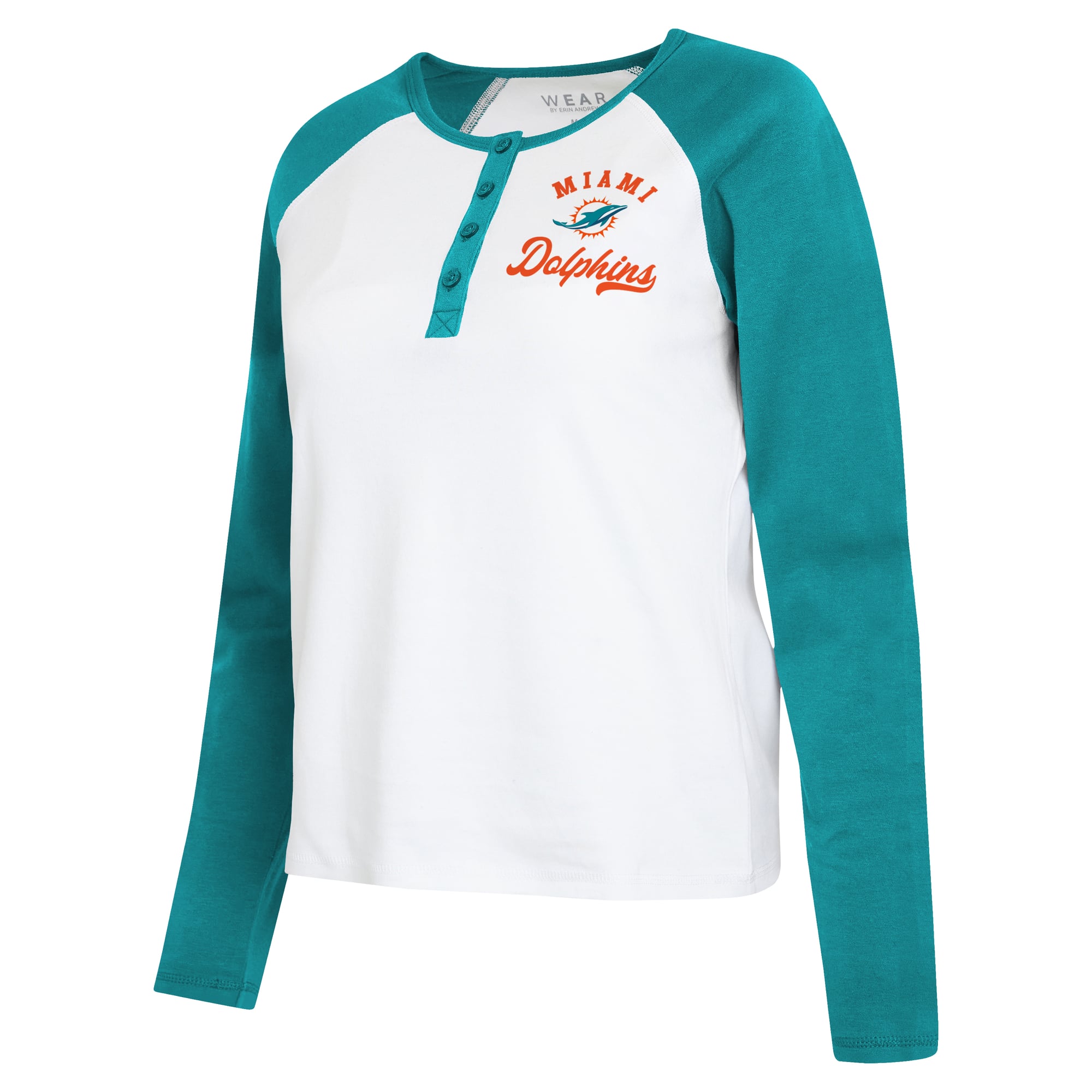 Women's WEAR by Erin Andrews  White/Aqua Miami Dolphins Henley Long Sleeve Raglan T-Shirt