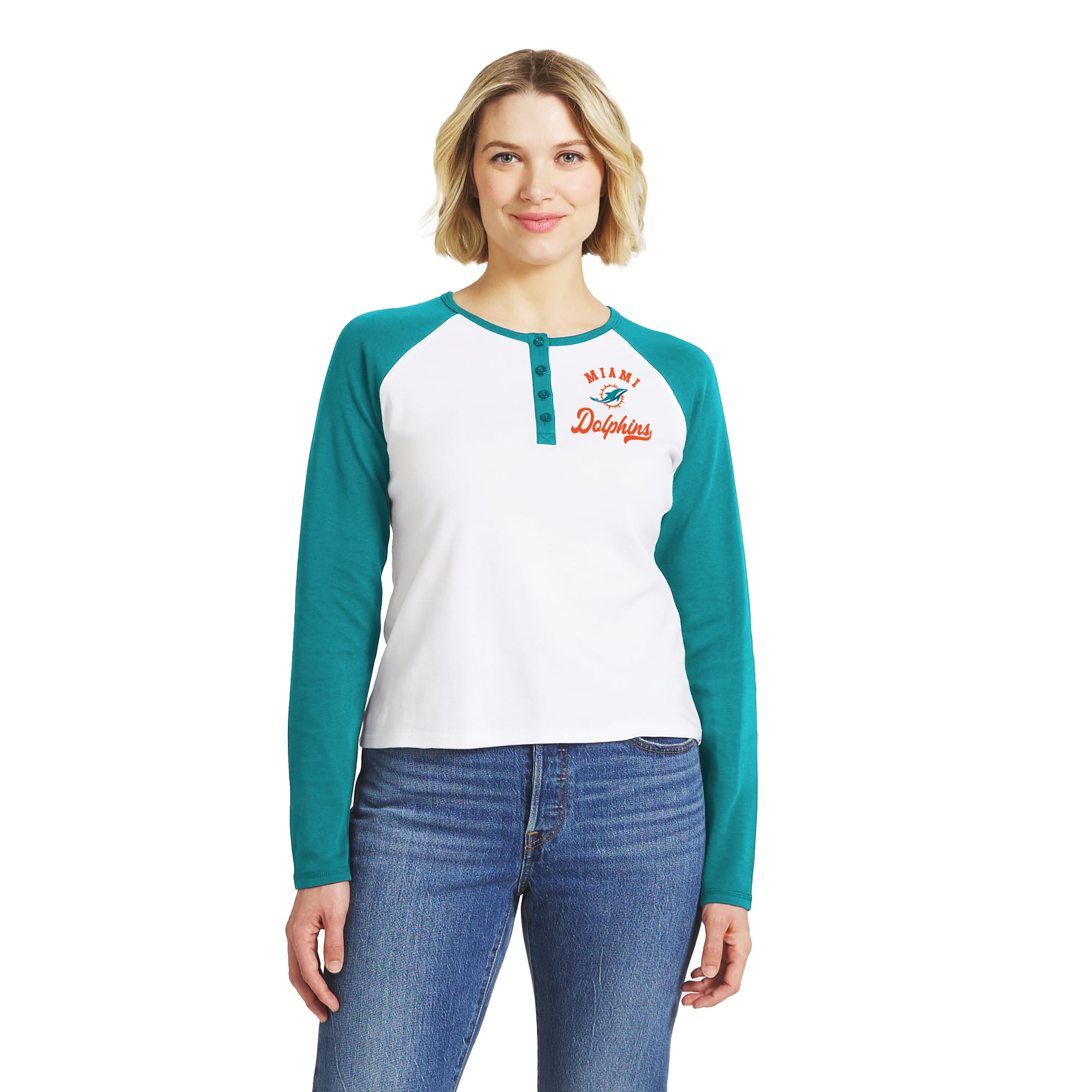 Women's WEAR by Erin Andrews  White/Aqua Miami Dolphins Henley Long Sleeve Raglan T-Shirt