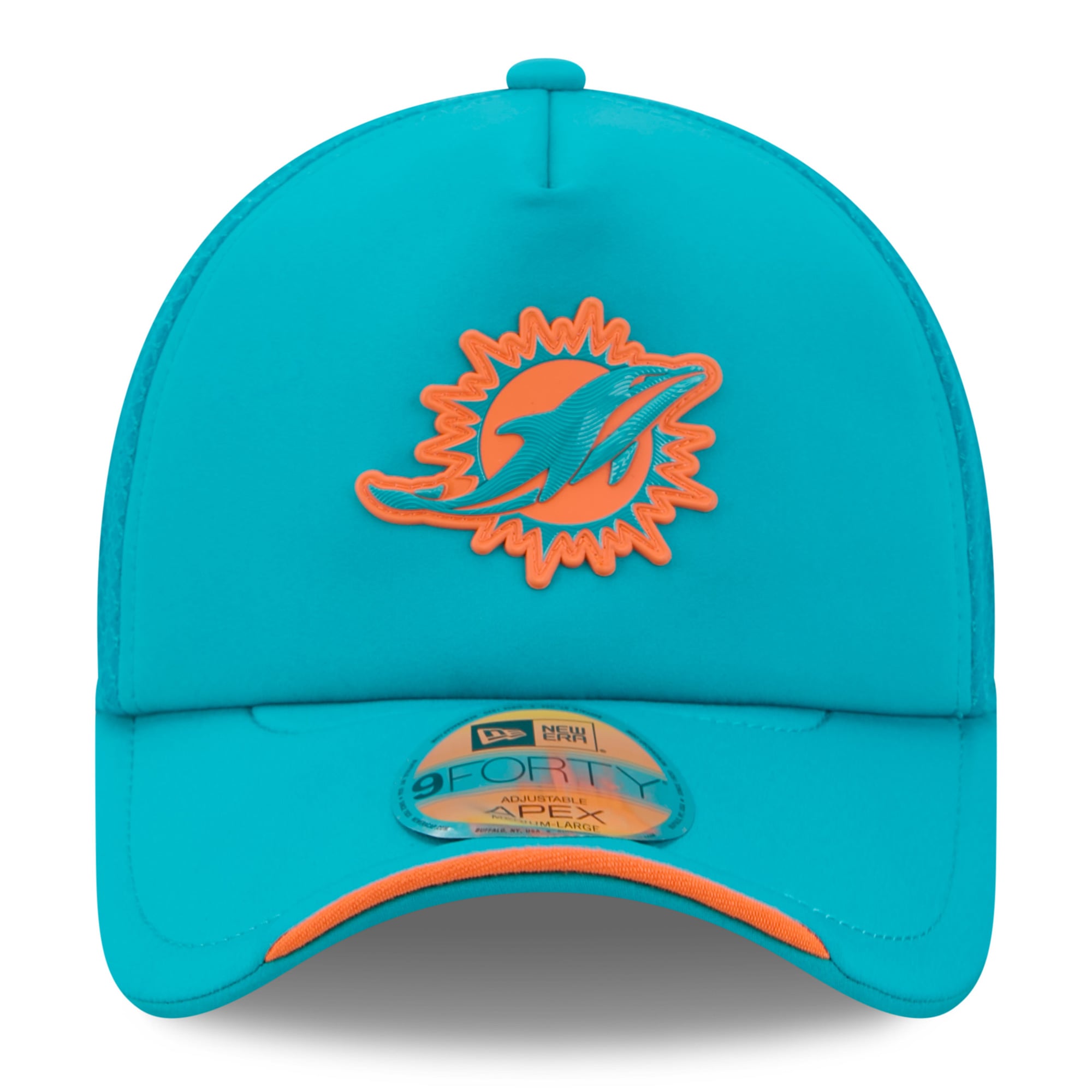 Youth New Era Aqua Miami Dolphins 2026 Sideline Apex 9FORTY Adjustable Trucker Hat