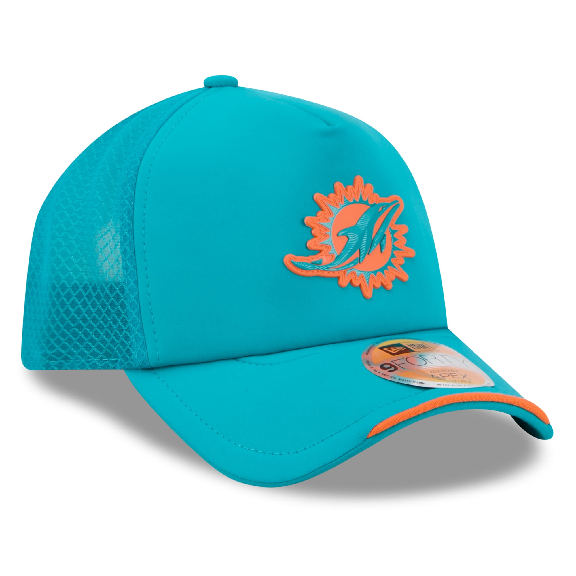 Youth New Era Aqua Miami Dolphins 2026 Sideline Apex 9FORTY Adjustable Trucker Hat