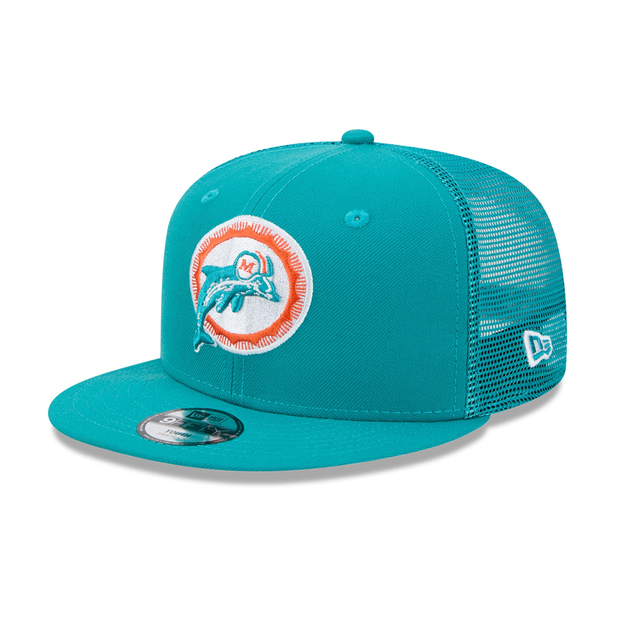 Casquette trucker New Era Aqua Miami Dolphins Throwback Main 9FIFTY Snapback pour jeunes