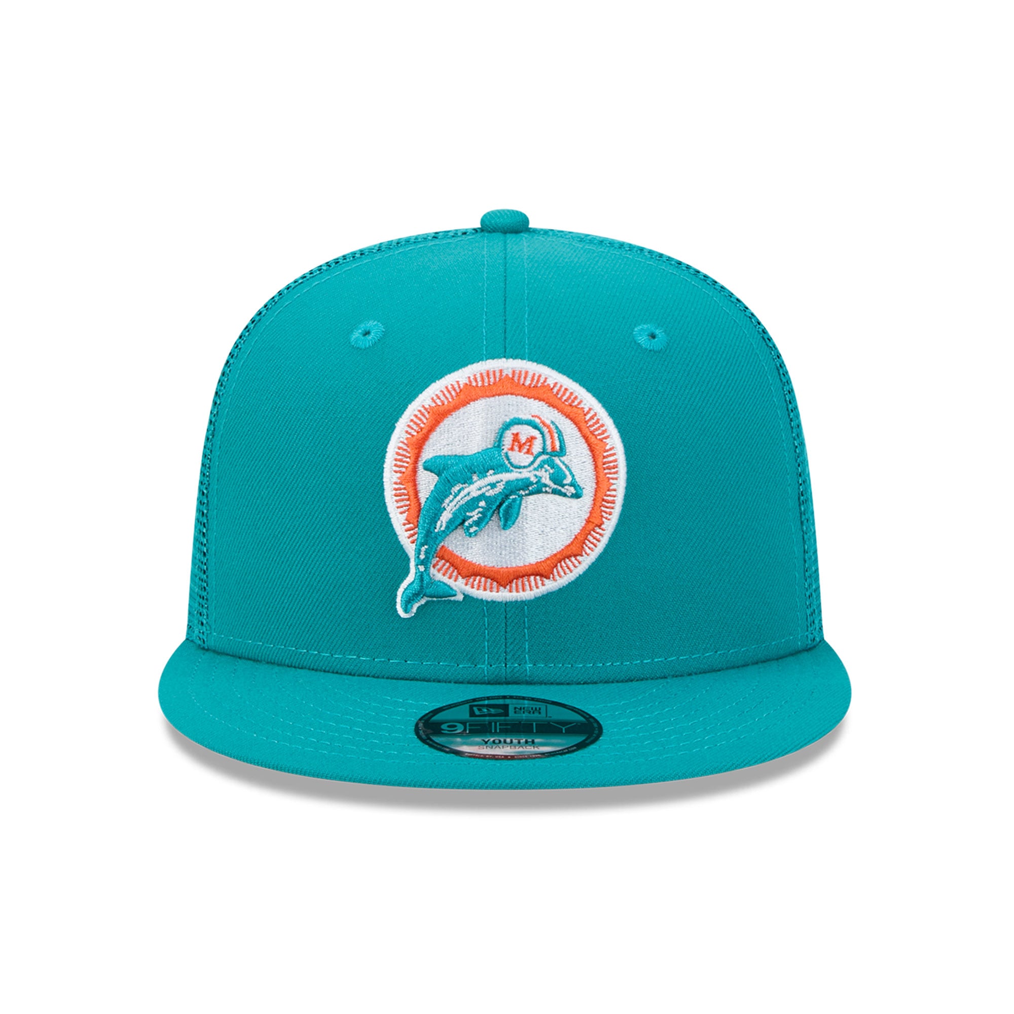 Casquette trucker New Era Aqua Miami Dolphins Throwback Main 9FIFTY Snapback pour jeunes