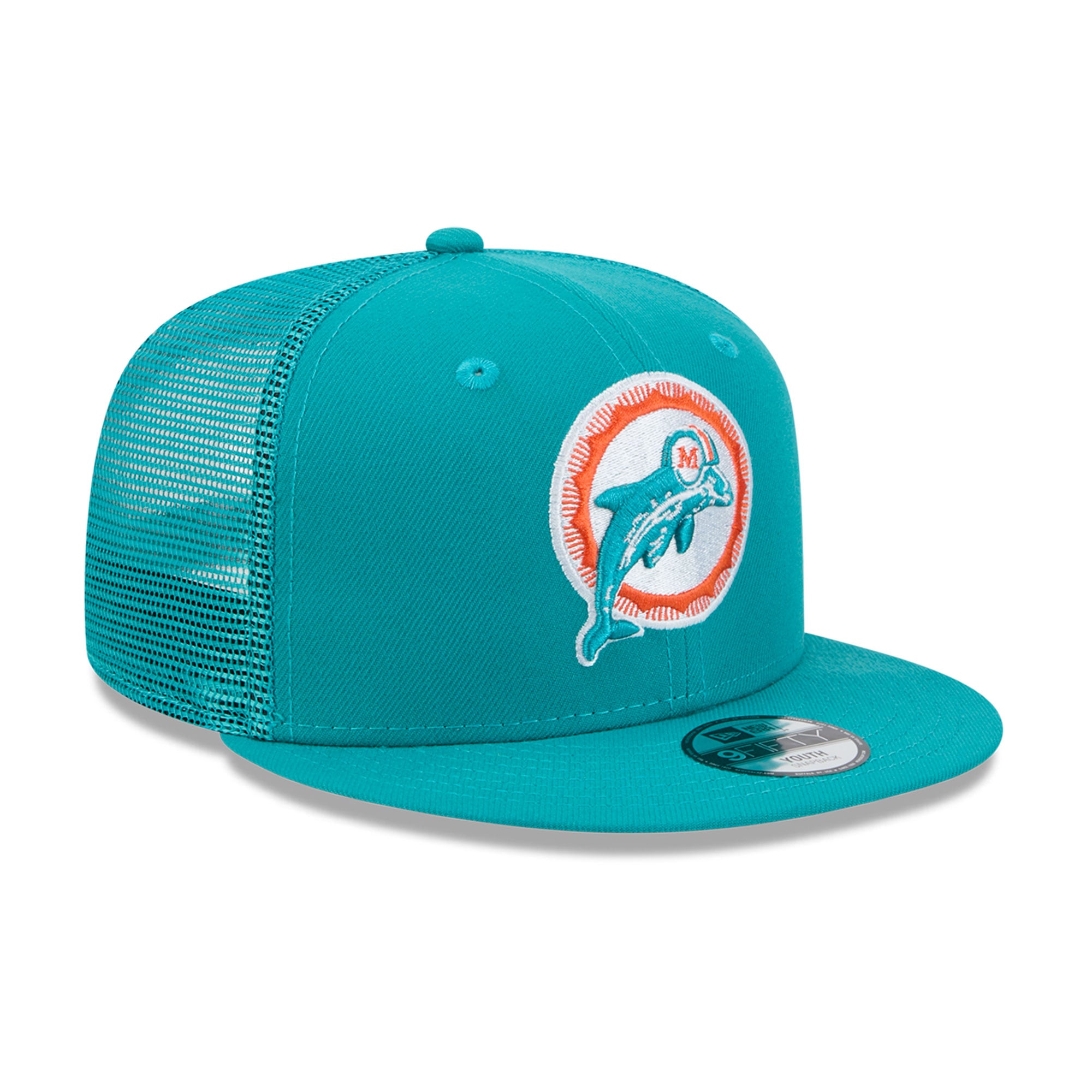 Casquette trucker New Era Aqua Miami Dolphins Throwback Main 9FIFTY Snapback pour jeunes