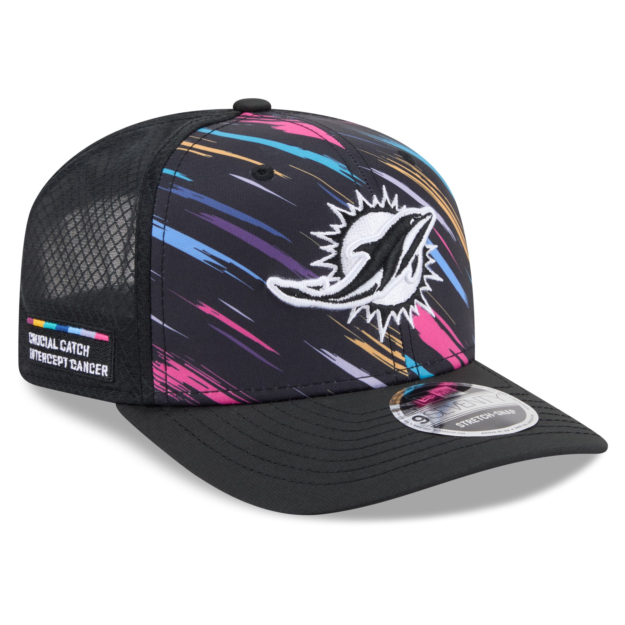 Youth New Era Black Miami Dolphins 2026 NFL Crucial Catch 9SEVENTY Adjustable Trucker Hat