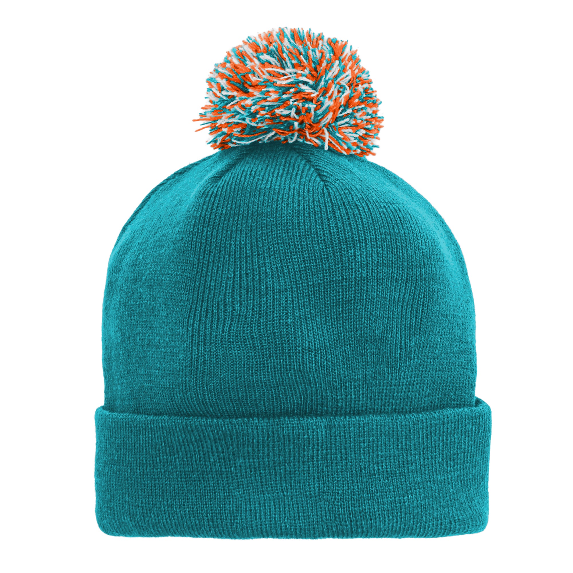 Bonnet tricoté à revers avec pompon, motif Miami Dolphins, couleur turquoise, pour enfant