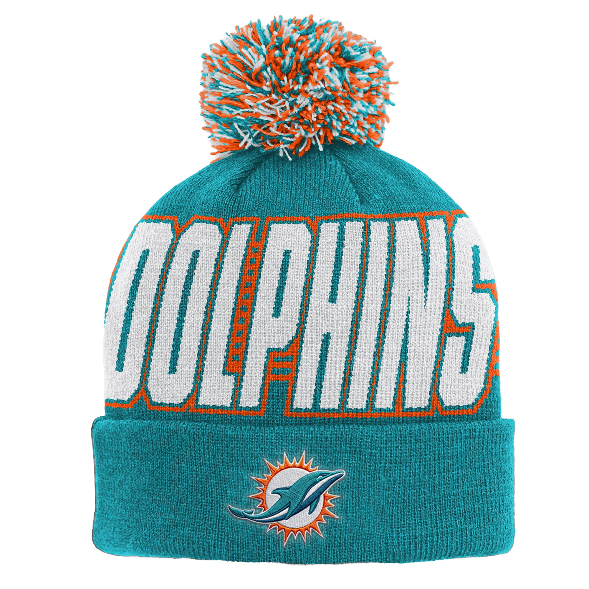 Bonnet tricoté à revers avec pompon, motif Miami Dolphins, couleur turquoise, pour enfant