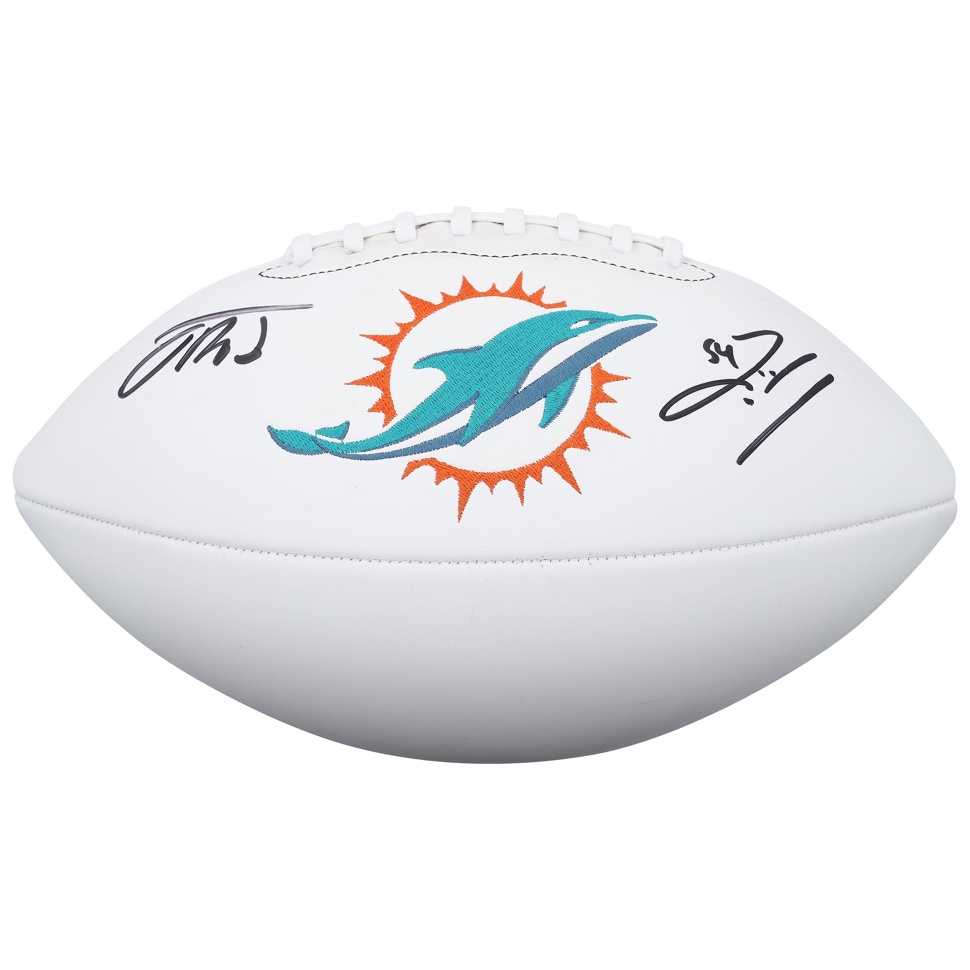 Ballon de football Wilson White Panel autographié par Zach Thomas et Jacob Rodriguez des Dolphins de Miami