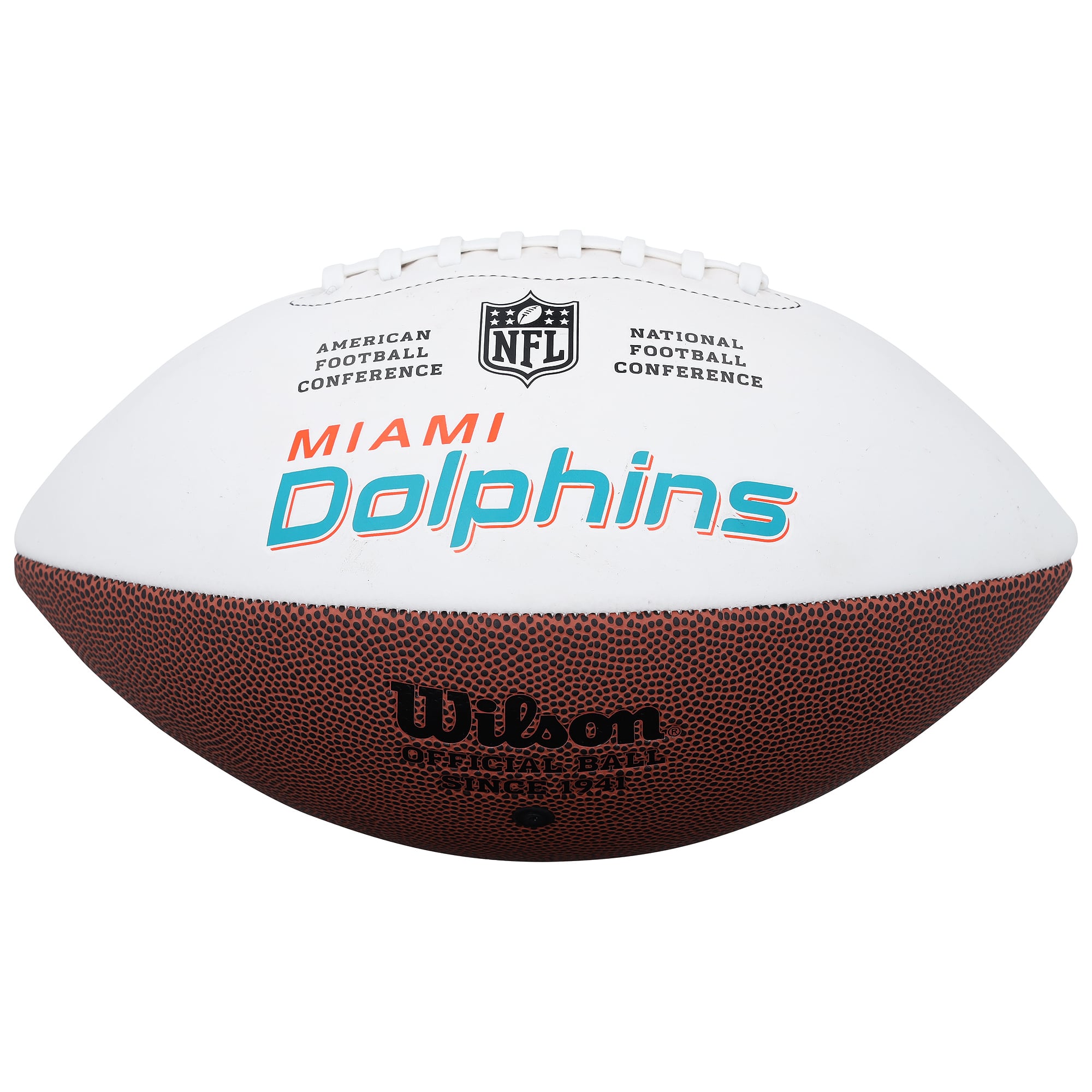 Ballon de football Wilson White Panel autographié par Zach Thomas et Jacob Rodriguez des Dolphins de Miami