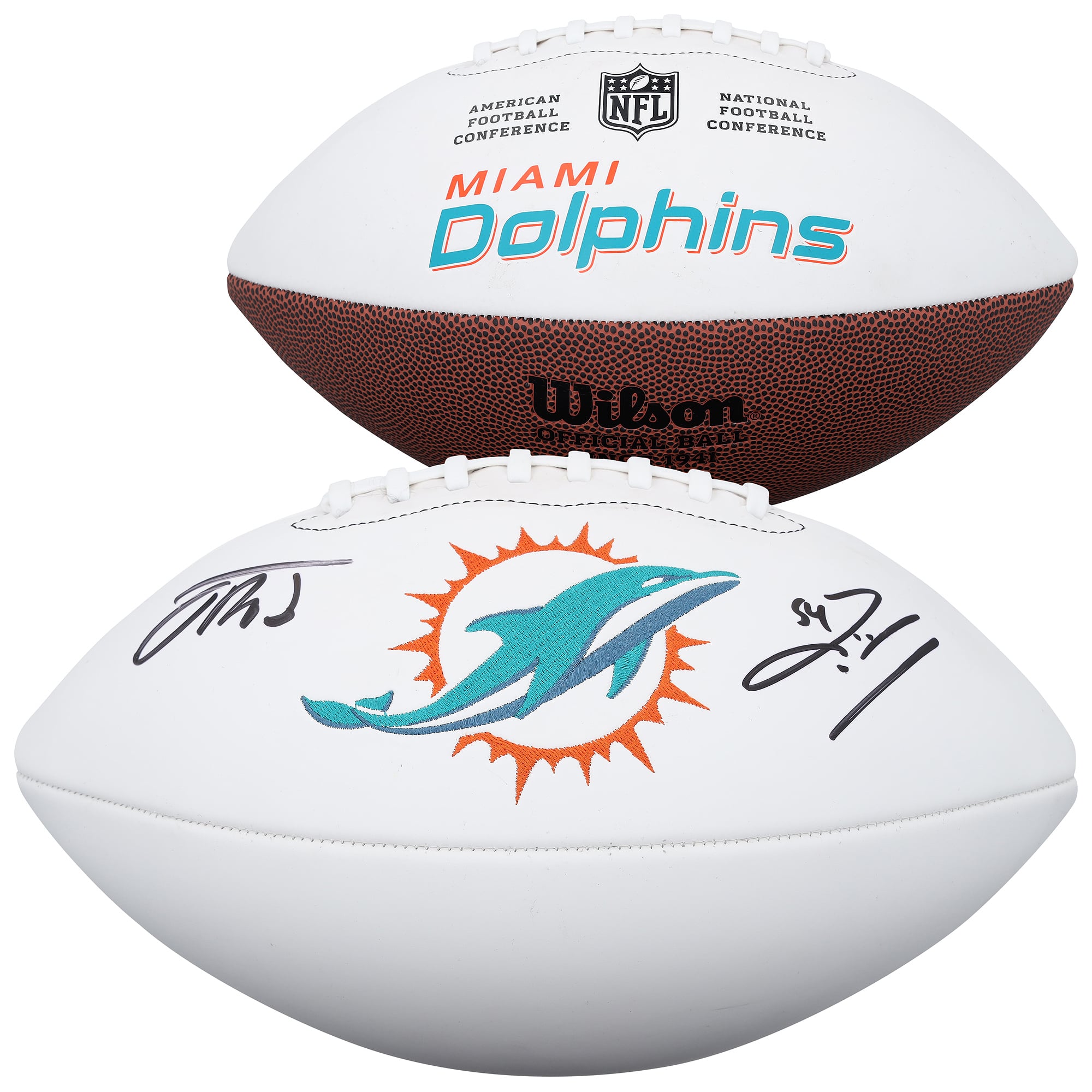 Ballon de football Wilson White Panel autographié par Zach Thomas et Jacob Rodriguez des Dolphins de Miami