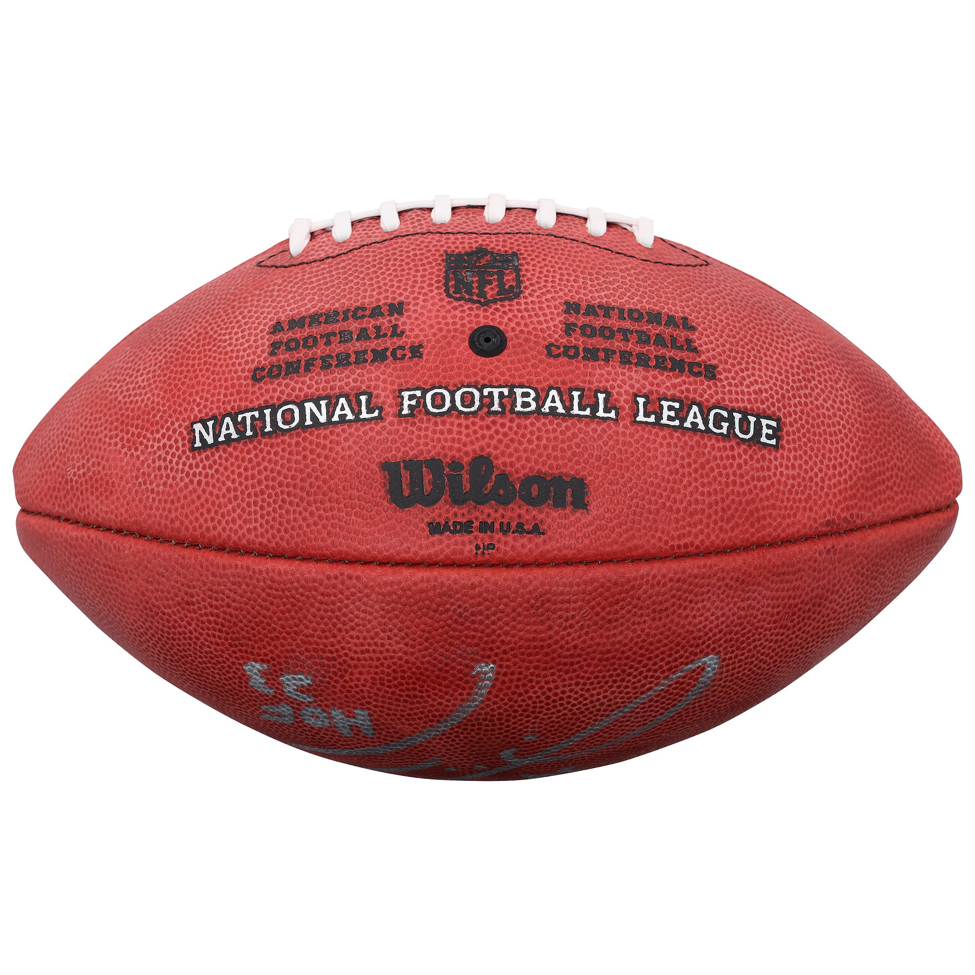 Ballon de football Wilson Duke en couleur, autographié par Zach Thomas et Jason Taylor des Miami Dolphins, avec de multiples inscriptions.