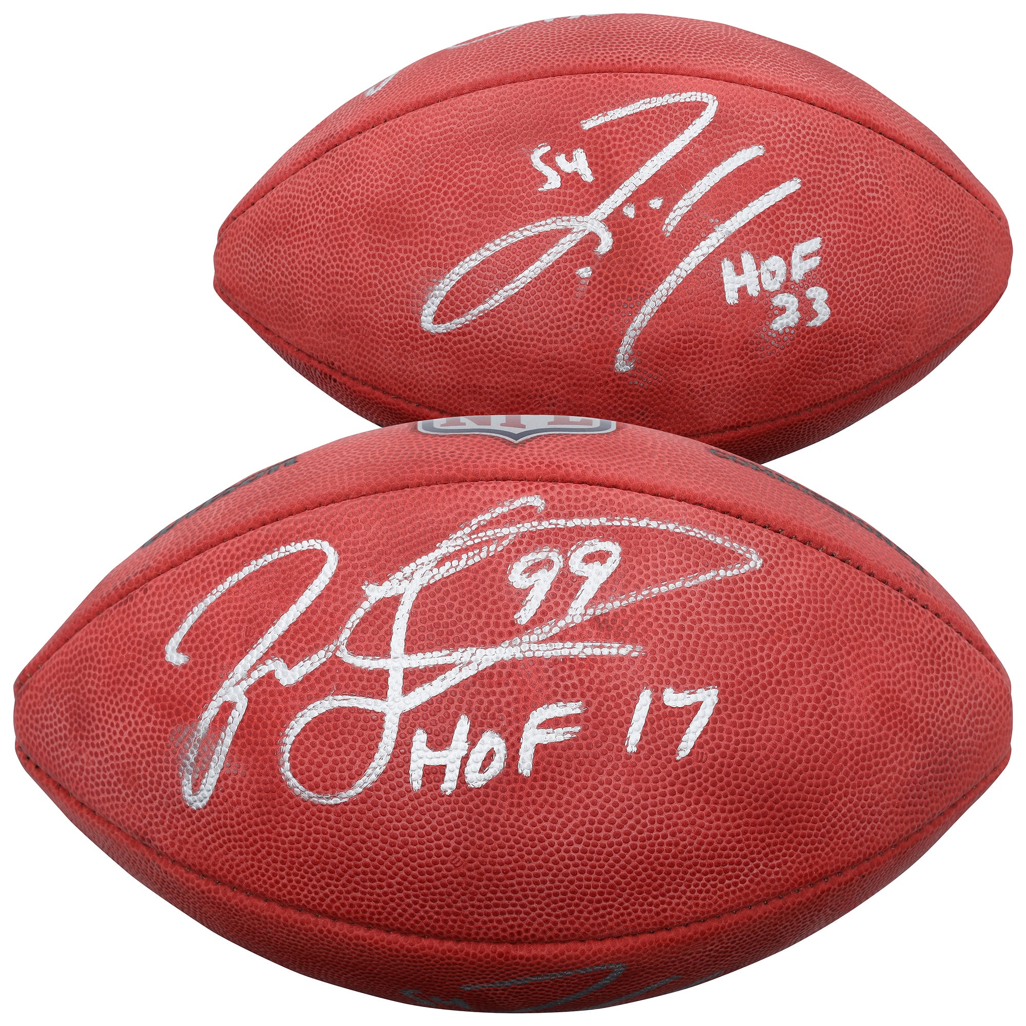 Ballon de football Wilson Duke en couleur, autographié par Zach Thomas et Jason Taylor des Miami Dolphins, avec de multiples inscriptions.